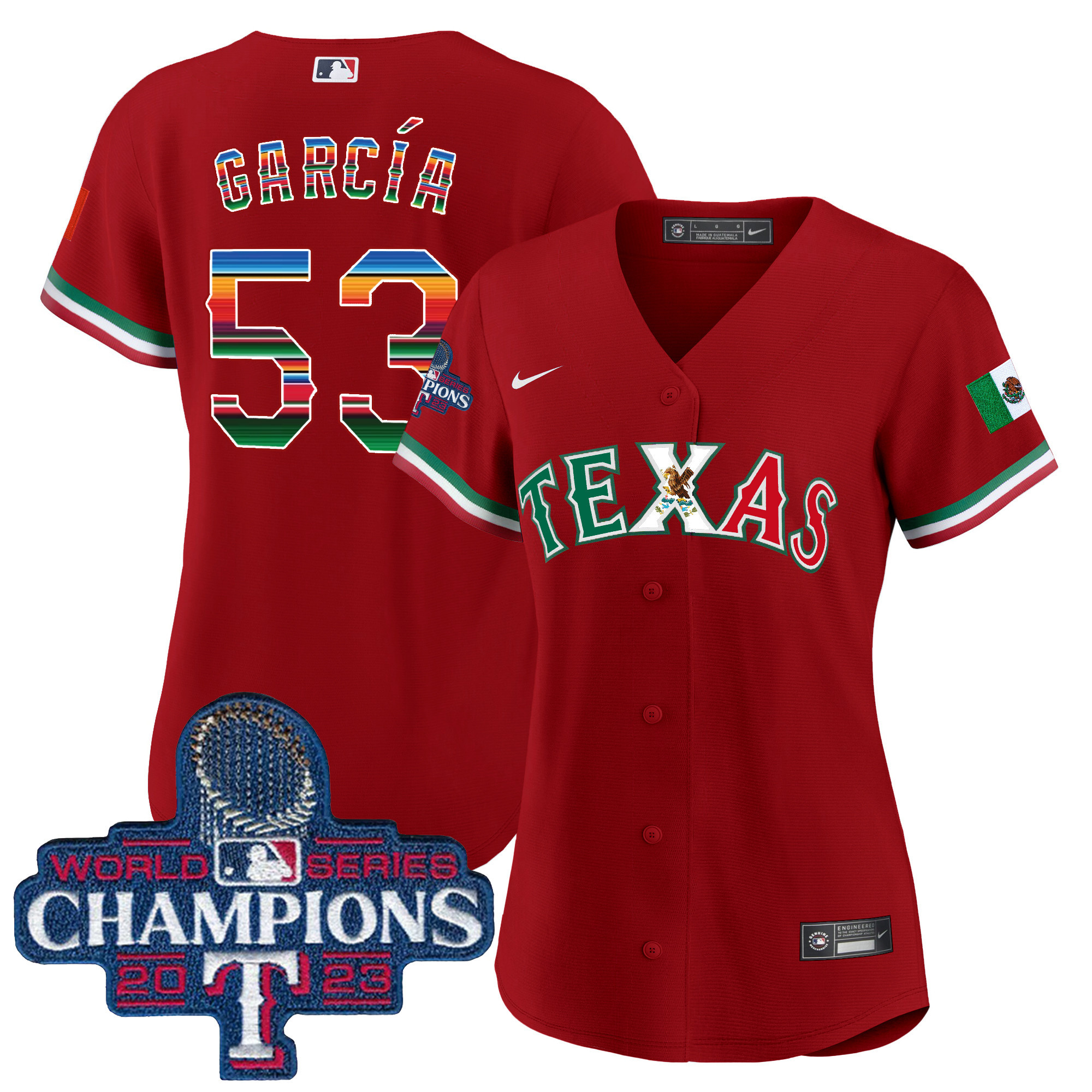 Adolis Garcia Women's Texas Rangers Mexico 2023 World Series Champions Baseball V2 Red Jersey - All Stitched