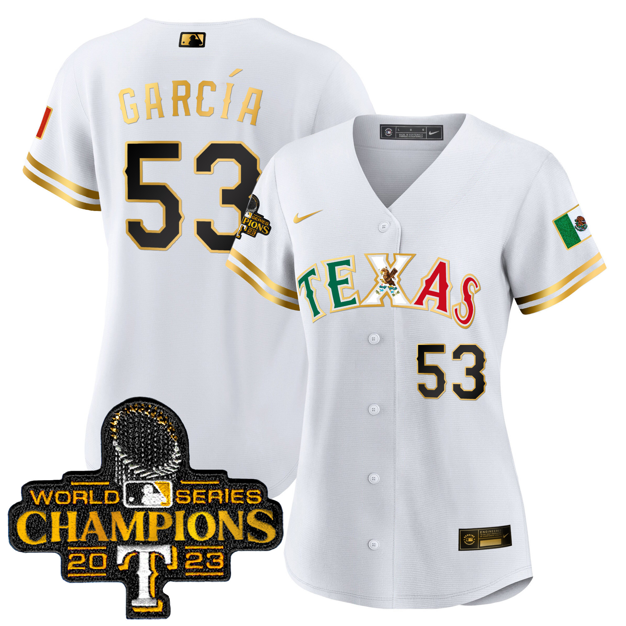 Adolis Garcia Women's Texas Rangers Mexico 2023 World Series Champions Baseball White Gold Jersey - All Stitched