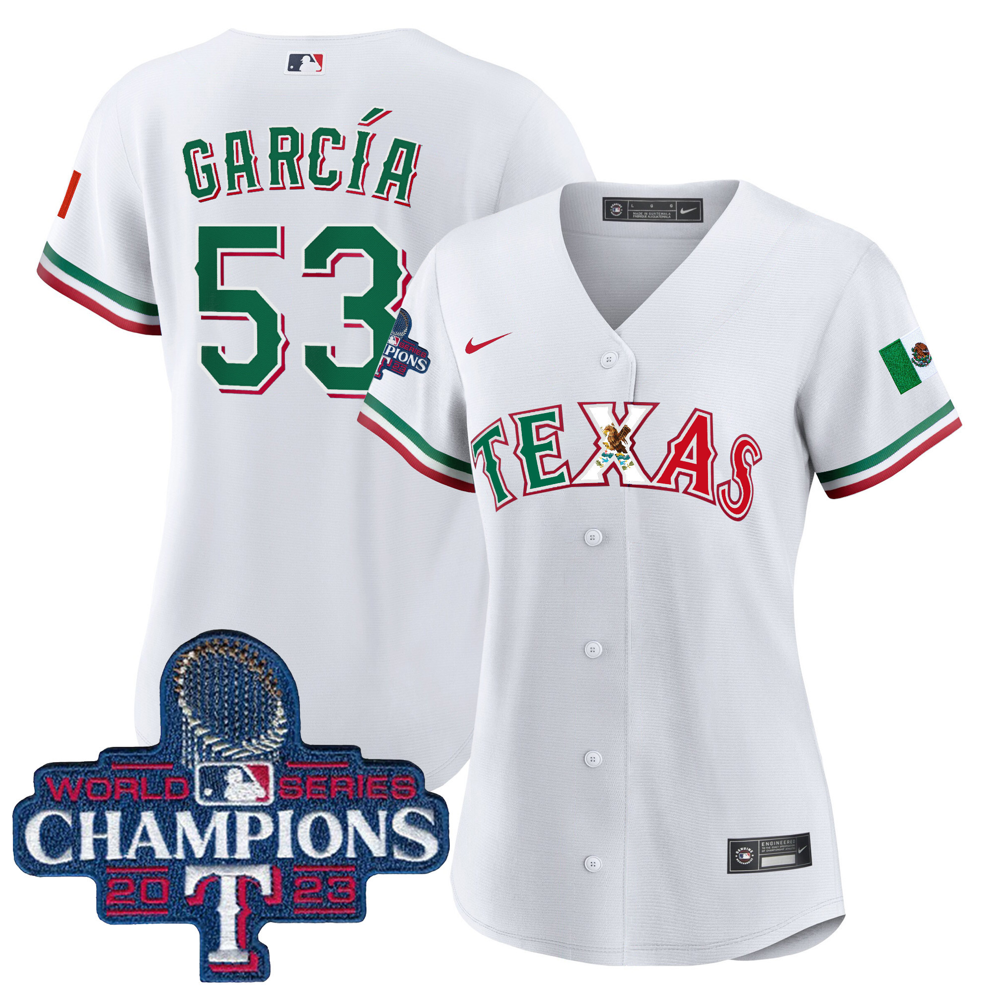 Adolis Garcia Women's Texas Rangers Mexico 2023 World Series Champions Baseball White Jersey - All Stitched