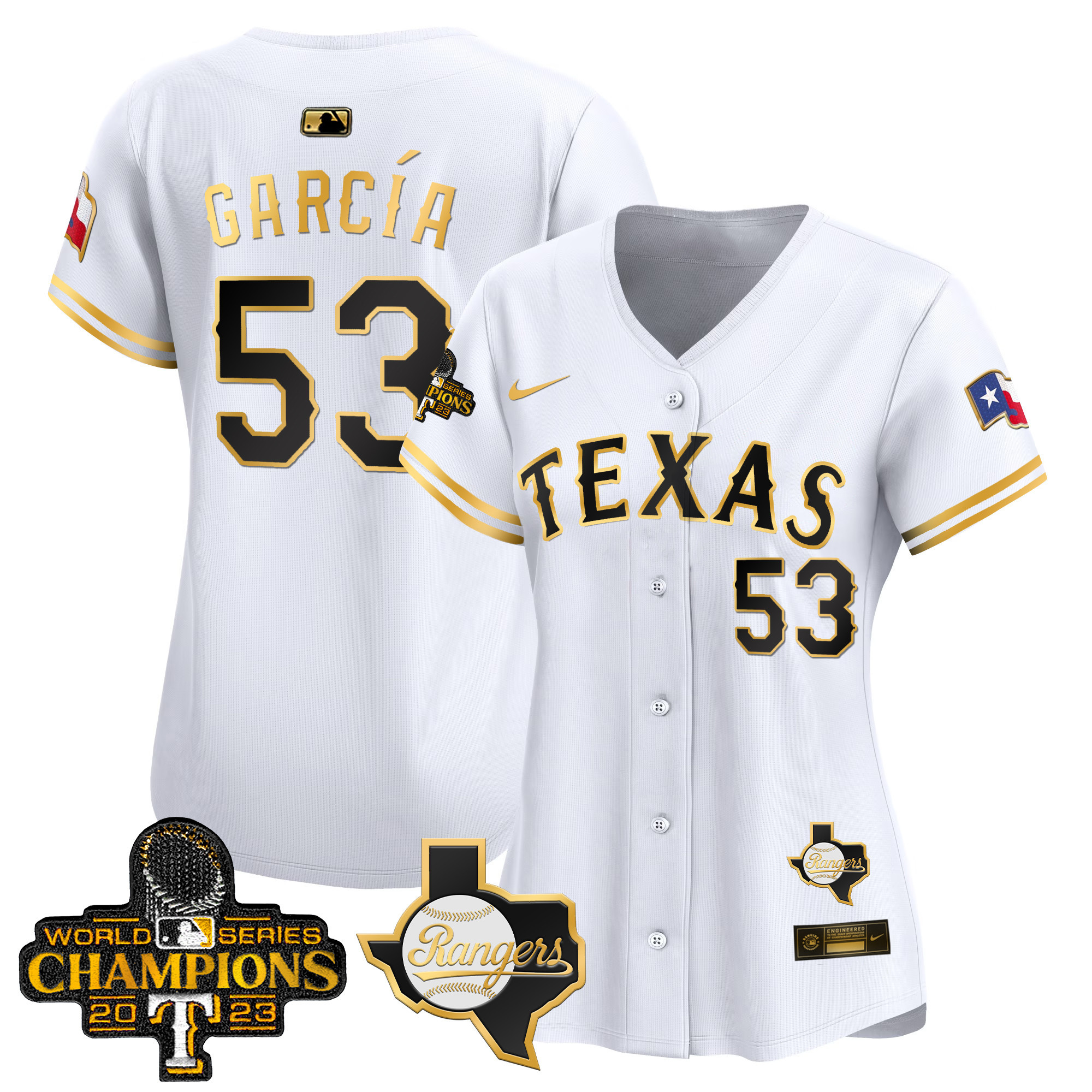 Adolis Garcia Women's Texas Rangers World Series Champions Vapor Premier Limited V2 White Gold Jersey - All Stitched