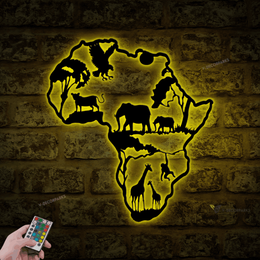 Africa Map And Animals Metal Sign With Led Lights Multi Colors, Arica Wall Art, Nature Wall Art, Wild Animal Metal Sign, Housewarming Gift