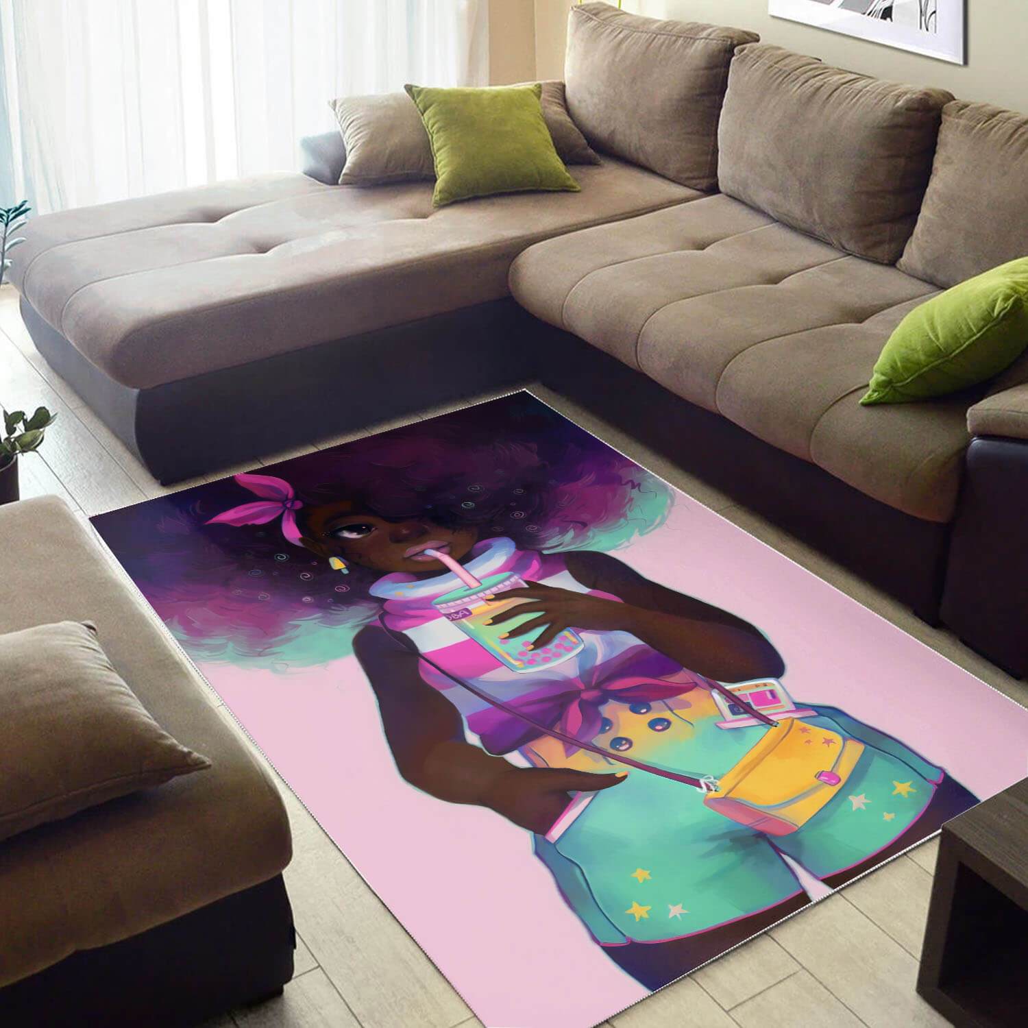African Beautiful Black Afro Girl Carpet Design Themed Living Room Rectangle Rug