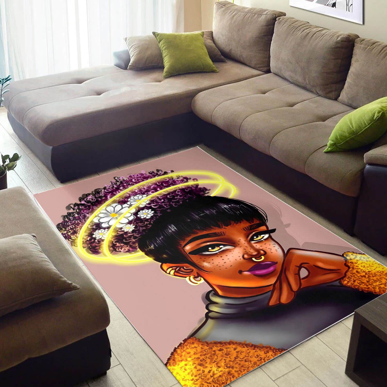 African Pretty Black Girl Afro Print Floor Themed Rooms Ideas Rectangle Rug