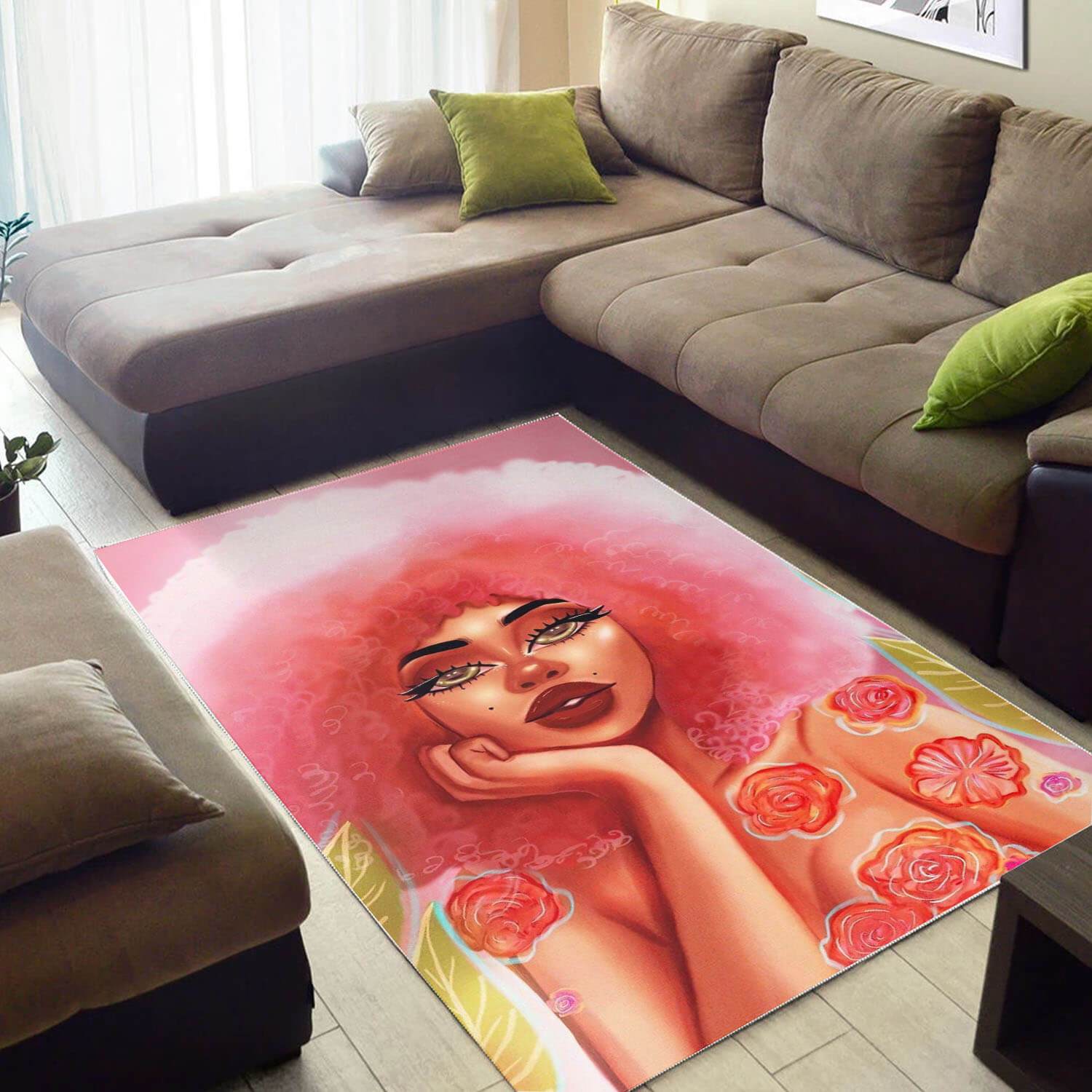 Afrocentric Beautiful Afro American Girl African Inspired Themed Living Room Rectangle Rug