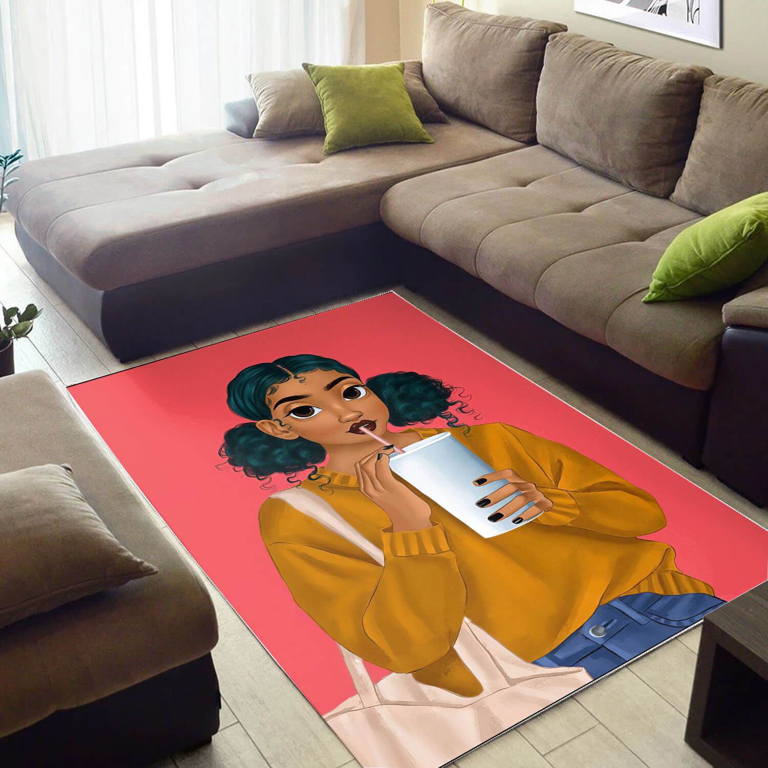 Afrocentric Pretty Lady African American Print Themed Home Rectangle Rug