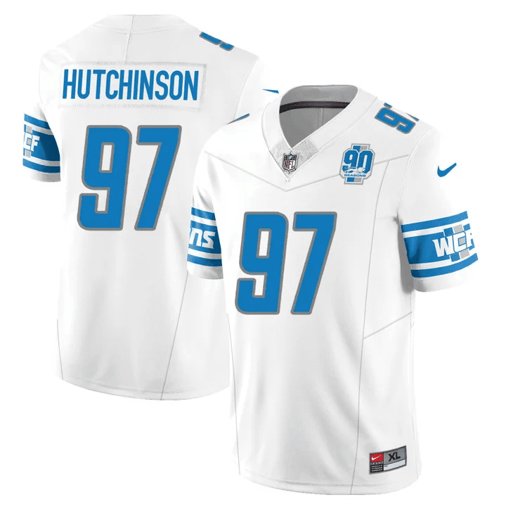 Aidan Hutchinson Men’s Detroit Lions 90th Year Patch Vapor White Jersey - All Stitched 