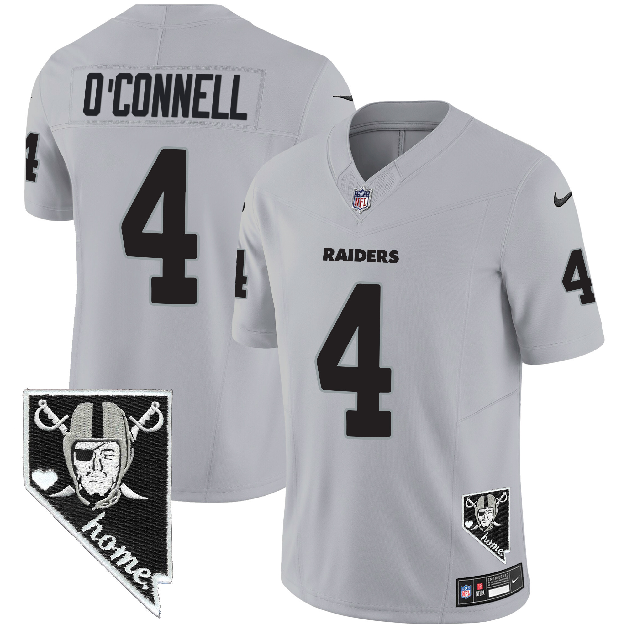 Aidan O'Connell Men's Las Vegas Raiders Nevada Home Patch Vapor Gray Jersey - All Stitched 