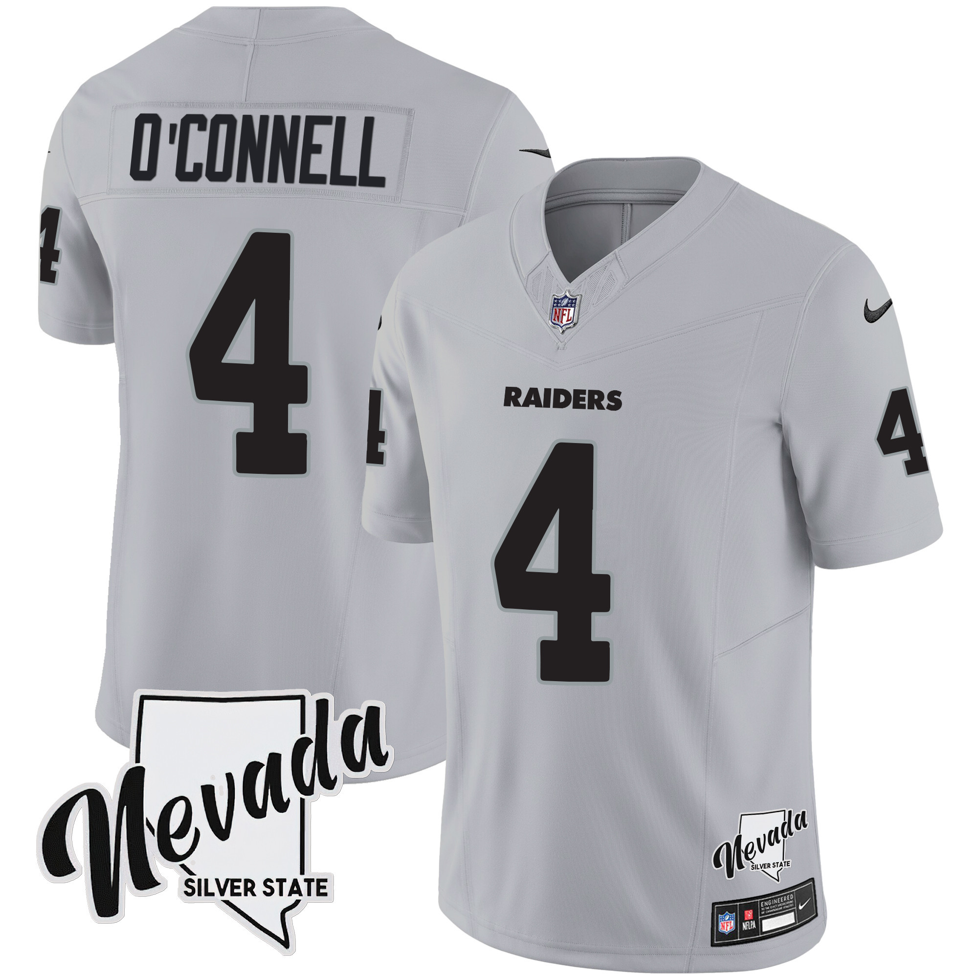 Aidan O'Connell Men's Las Vegas Raiders Nevada Silver State Patch Vapor Gray Jersey - All Stitched 
