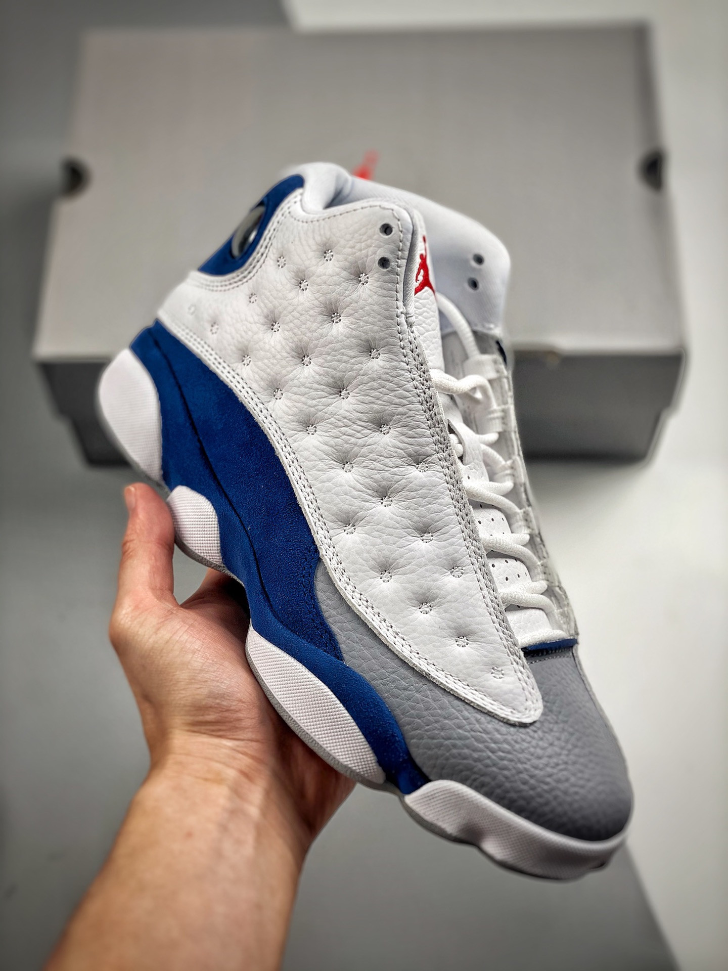 Air Jordan 13 White/Fire Red-French Blue-Light Steel Grey For Sale