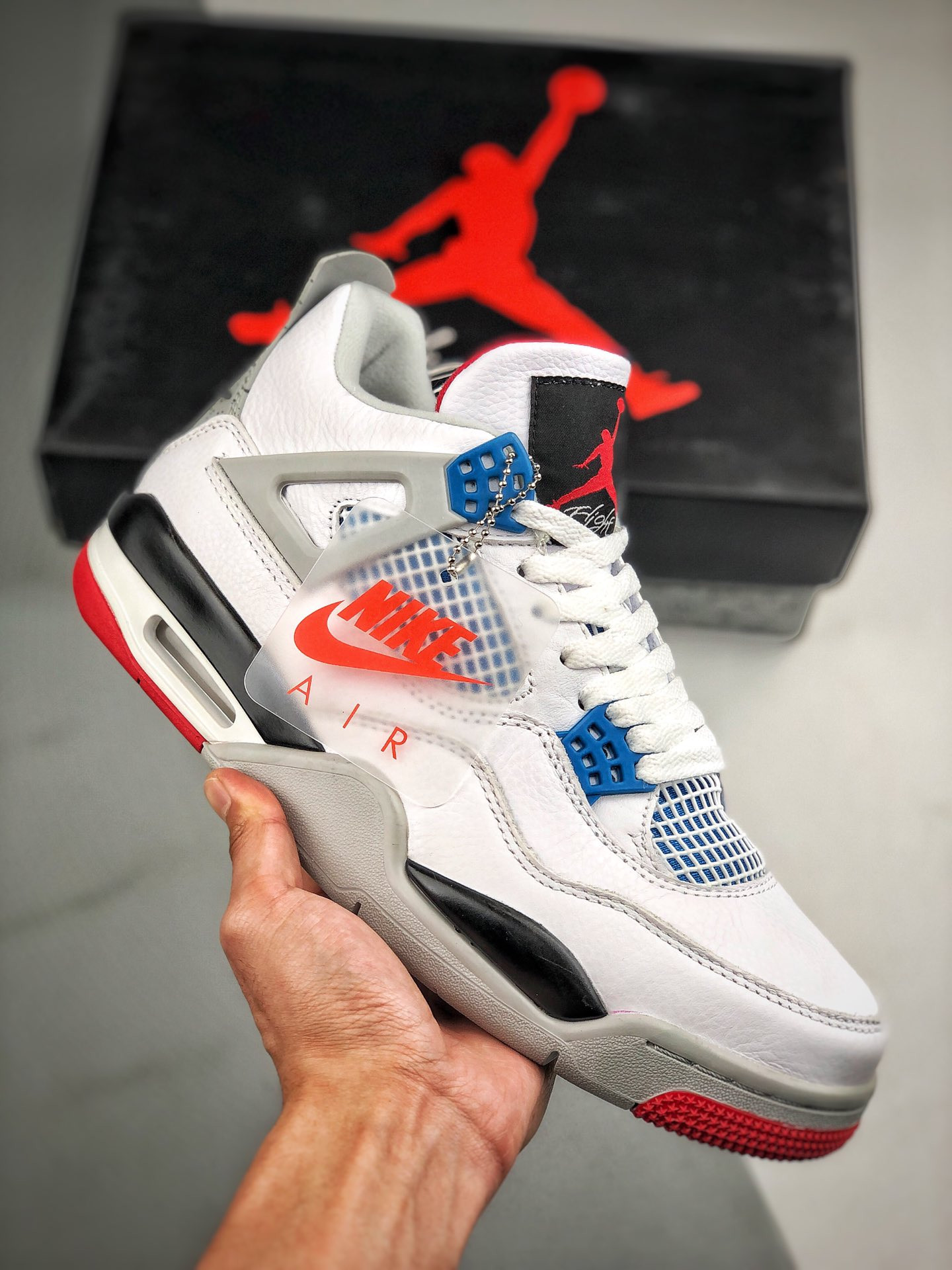Air Jordan 4 “What The” White/Fire Red-Tech Grey-Military Blue For Sale
