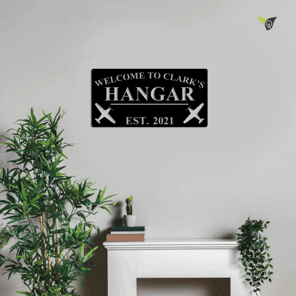 Airplane Hangar Metal Wall Art With Led Light, Personalized Pilot Name Sign, Custom Aviation Lover, Man Cave Sign