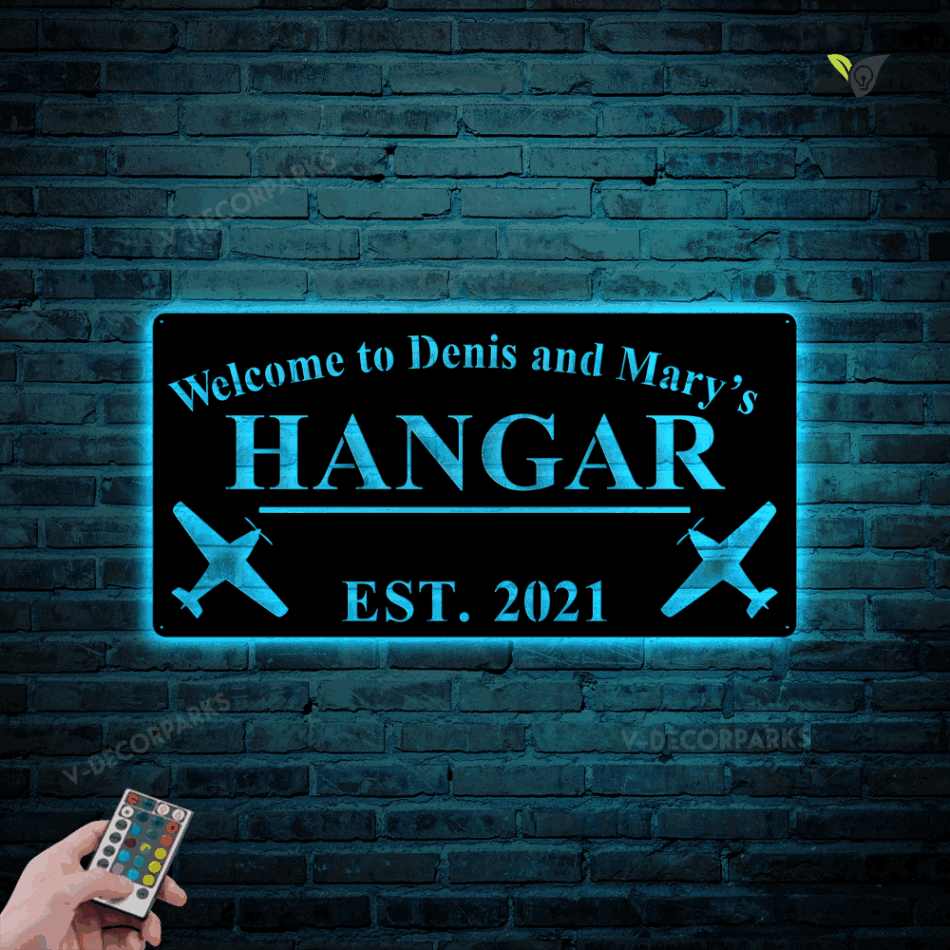 Airplane Hangar Metal Wall Art With Led Light, Personalized Pilot Name Sign, Custom Aviation Lover, Man Cave Sign