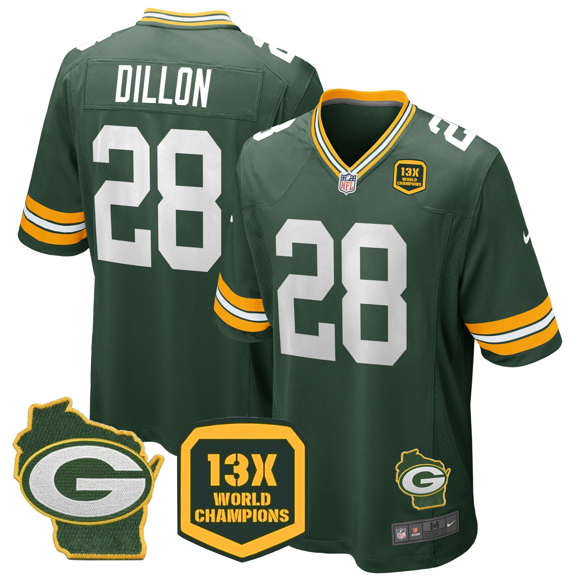 AJ Dillon Men's Green Bay Packers 13 Time World Champions & Home Patch Game Green Jersey - All Stitched 
