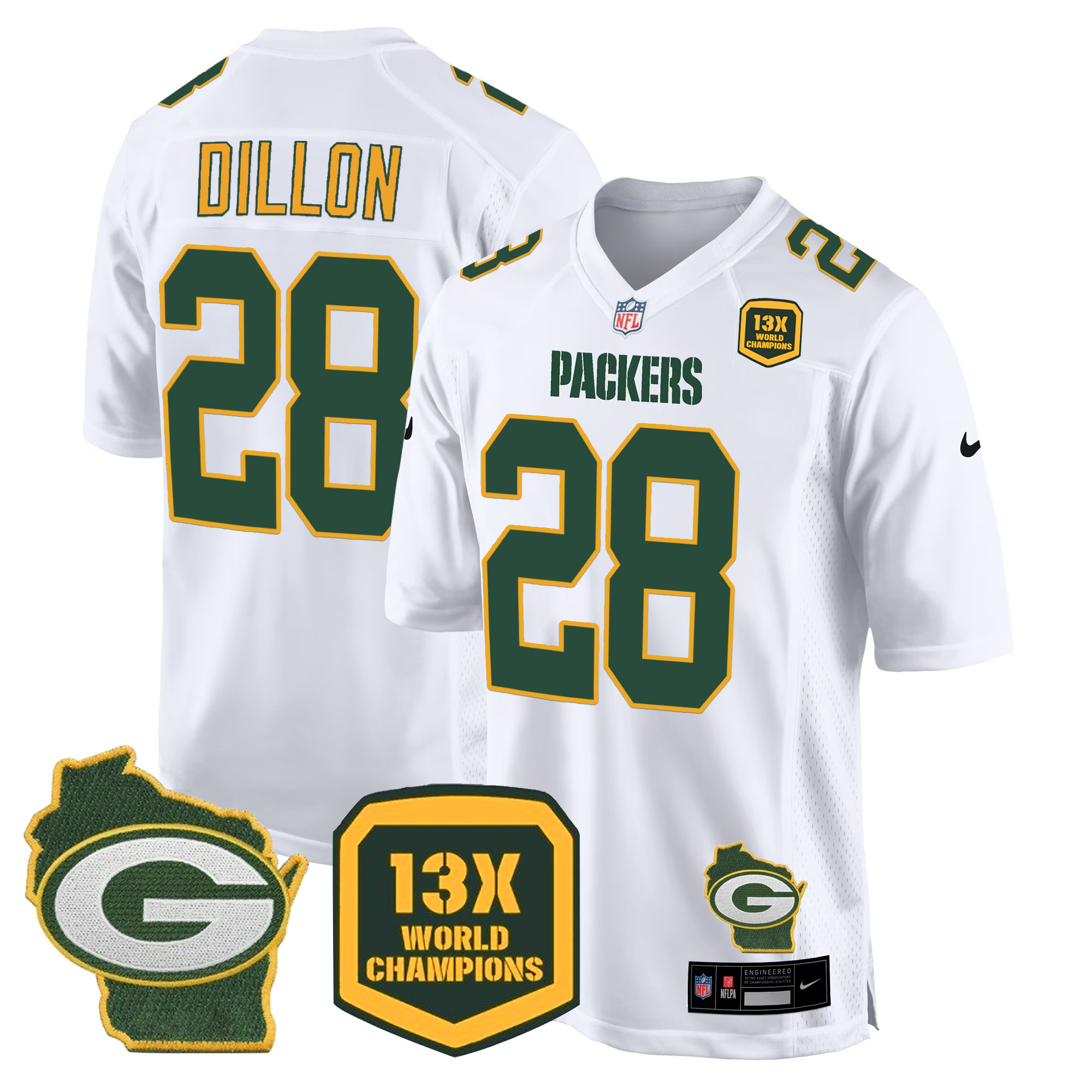 AJ Dillon Men's Green Bay Packers 13 Time World Champions & Home Patch Game White Jersey - All Stitched 