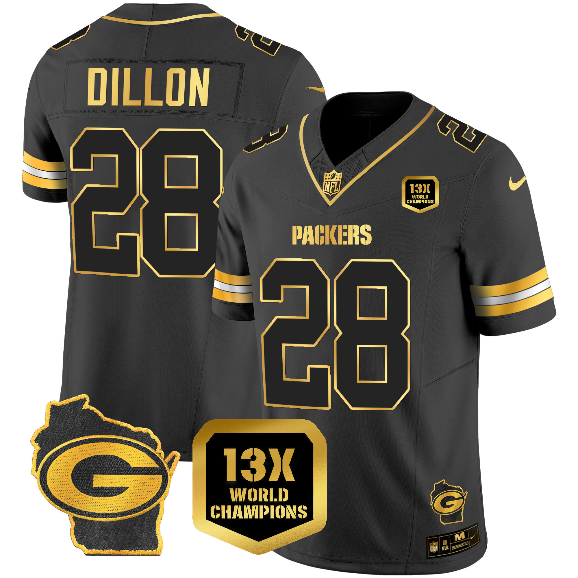 AJ Dillon Men's Green Bay Packers 13 Time World Champions & Home Patch Gold Vapor Black Gold Jersey - All Stitched 