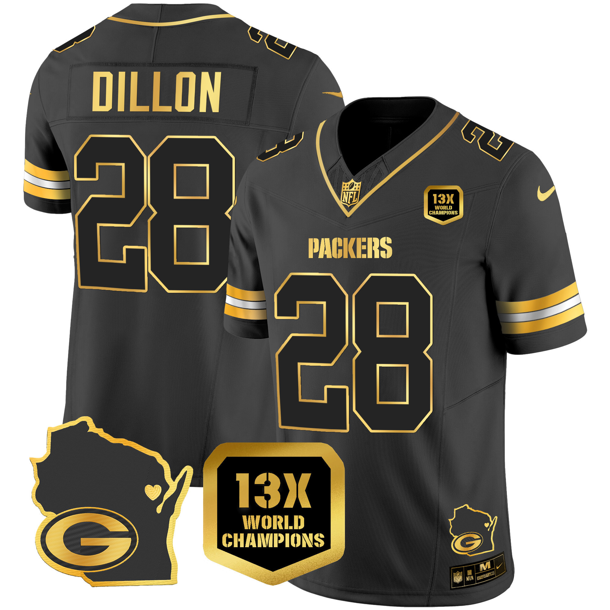 AJ Dillon Men's Green Bay Packers 13 Time World Champions & Home Patch Gold Vapor Black Gold Jersey - All Stitched 