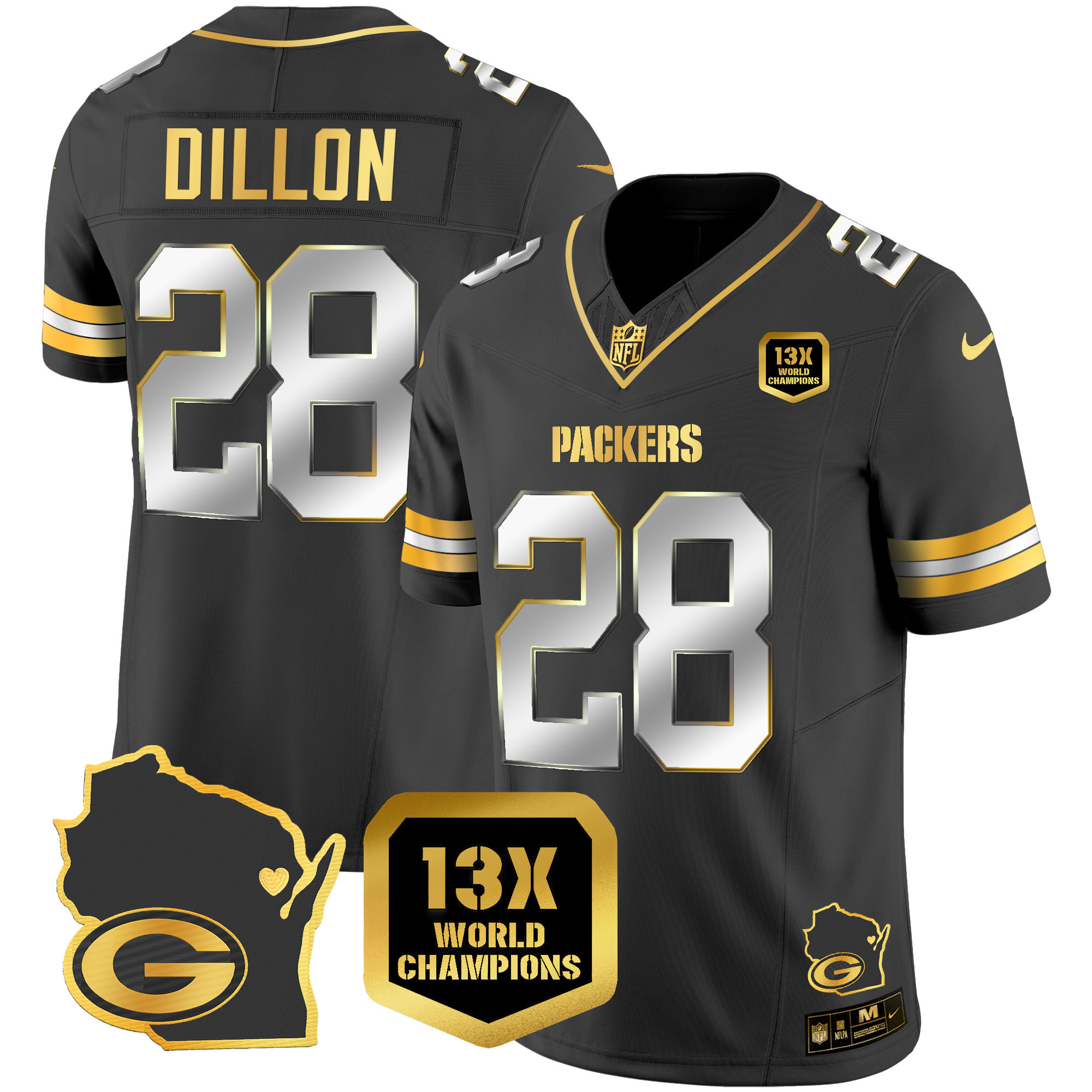 AJ Dillon Men's Green Bay Packers 13 Time World Champions & Home Patch Gold Vapor Black Limited Jersey - All Stitched 