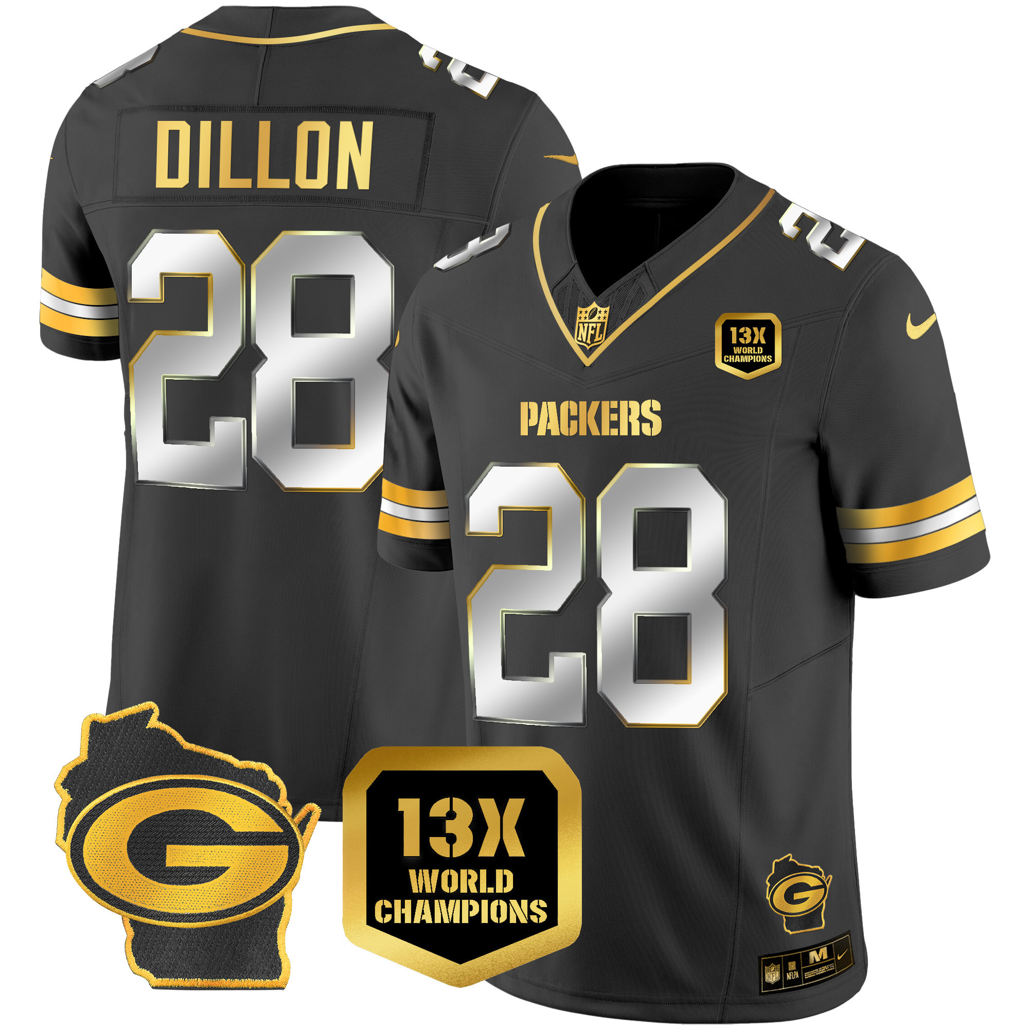 AJ Dillon Men's Green Bay Packers 13 Time World Champions & Home Patch Gold Vapor Black Limited Jersey - All Stitched 
