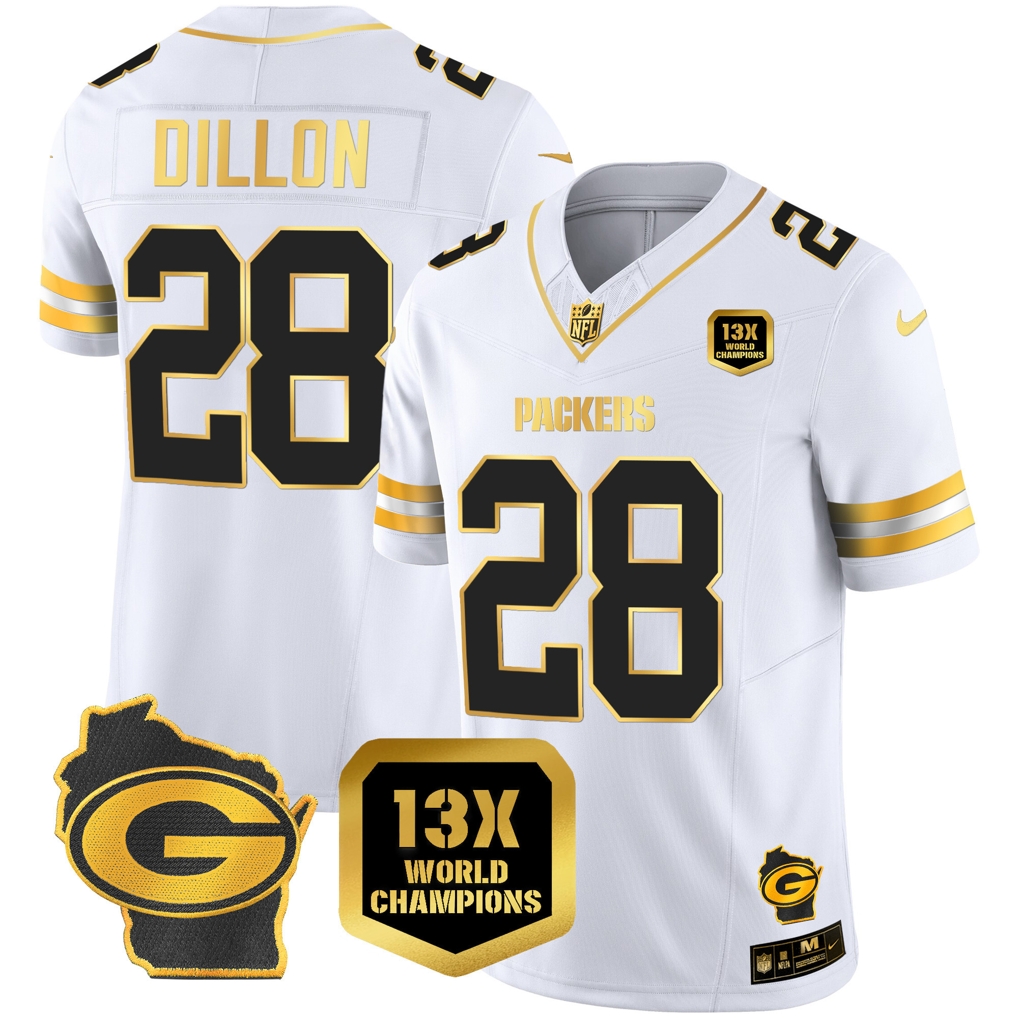 AJ Dillon Men's Green Bay Packers 13 Time World Champions & Home Patch Gold Vapor White Gold Jersey - All Stitched 