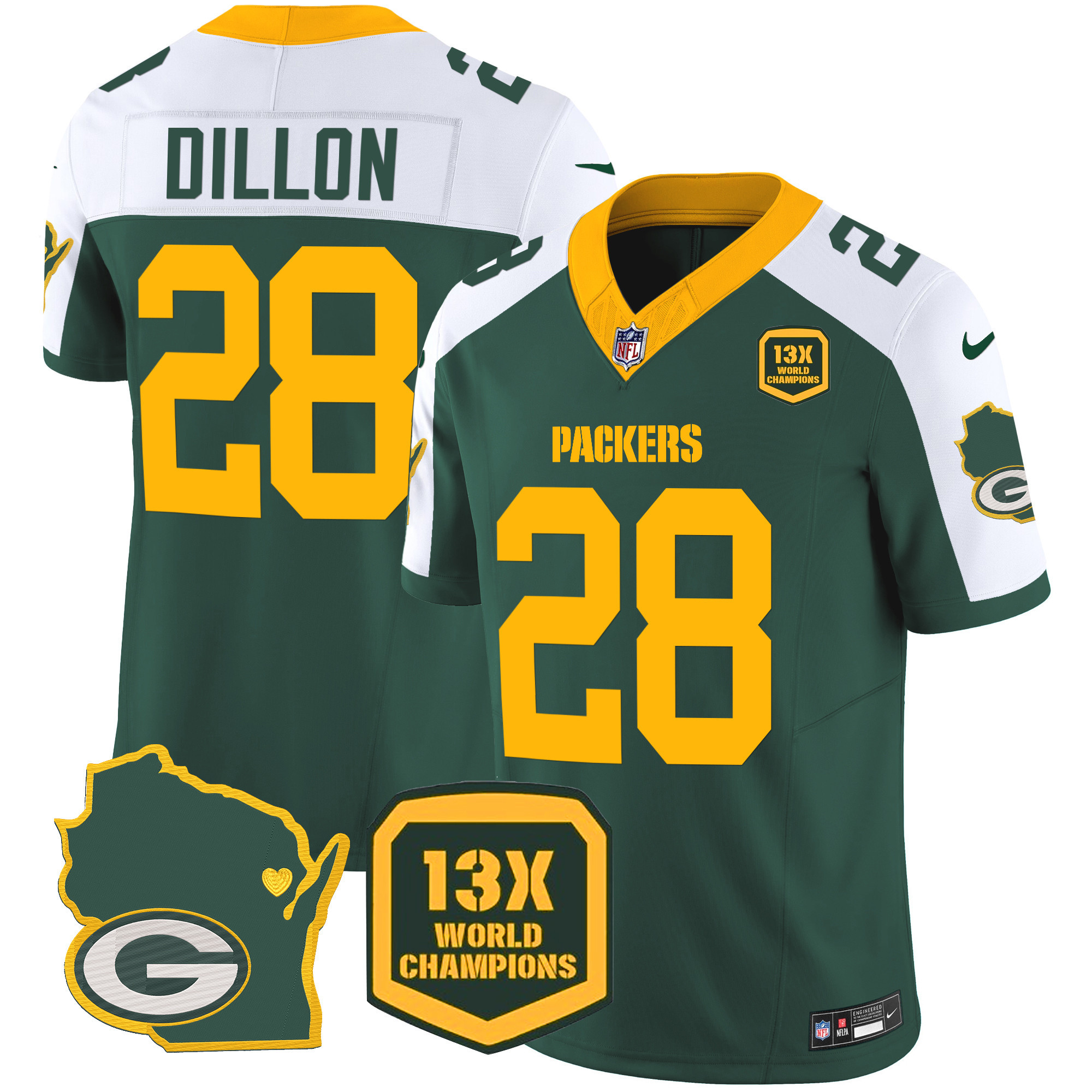 AJ Dillon Men's Green Bay Packers 13 Time World Champions & Home Patch Vapor Alternate Jersey - All Stitched 