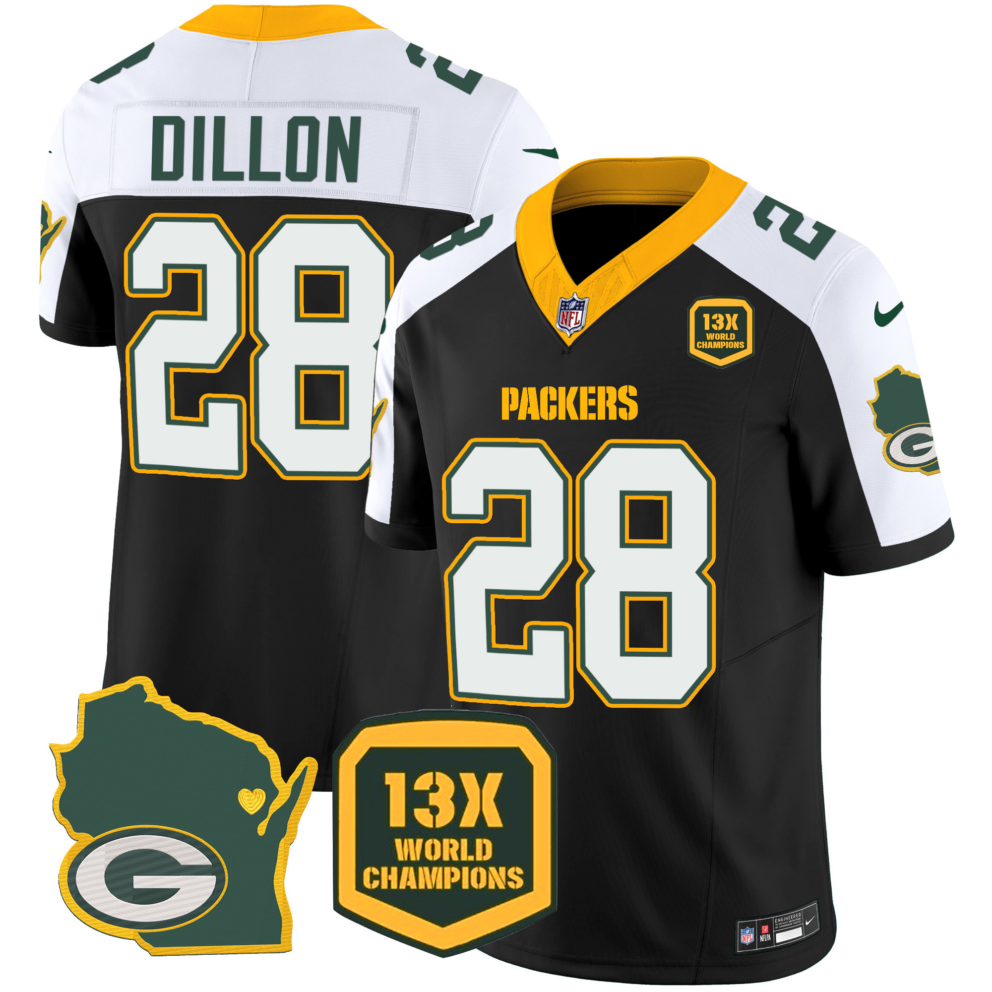 AJ Dillon Men's Green Bay Packers 13 Time World Champions & Home Patch Vapor Black Alternate Jersey - All Stitched 