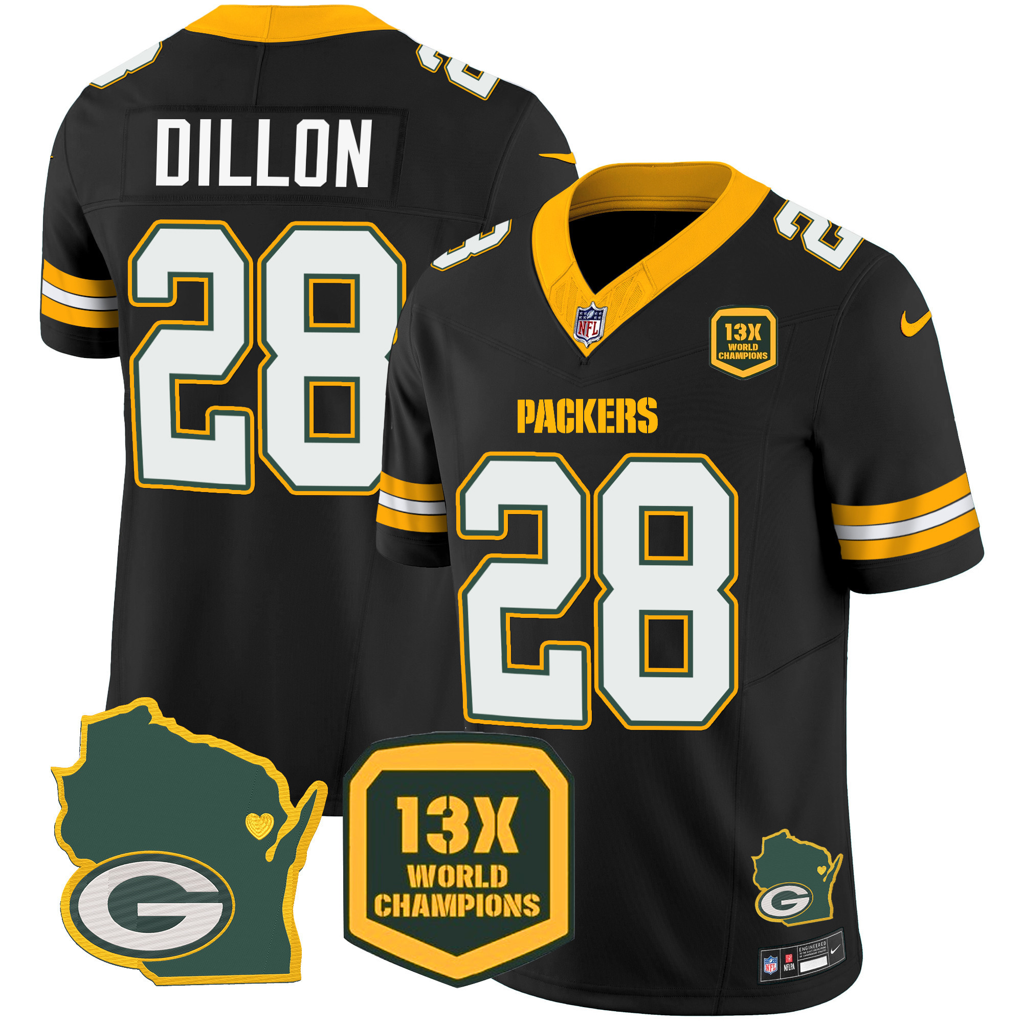 AJ Dillon Men's Green Bay Packers 13 Time World Champions & Home Patch Vapor Black Jersey - All Stitched 