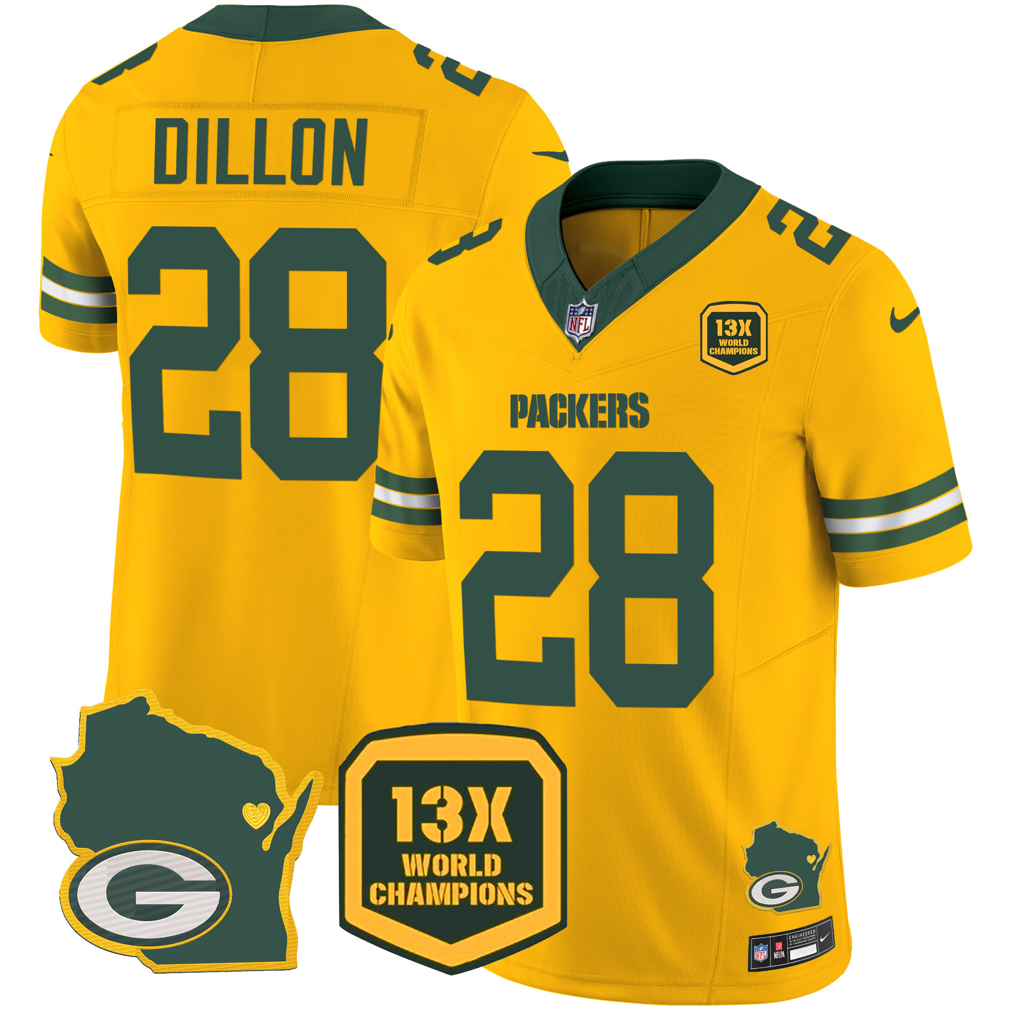 AJ Dillon Men's Green Bay Packers 13 Time World Champions & Home Patch Vapor Gold Jersey - All Stitched 