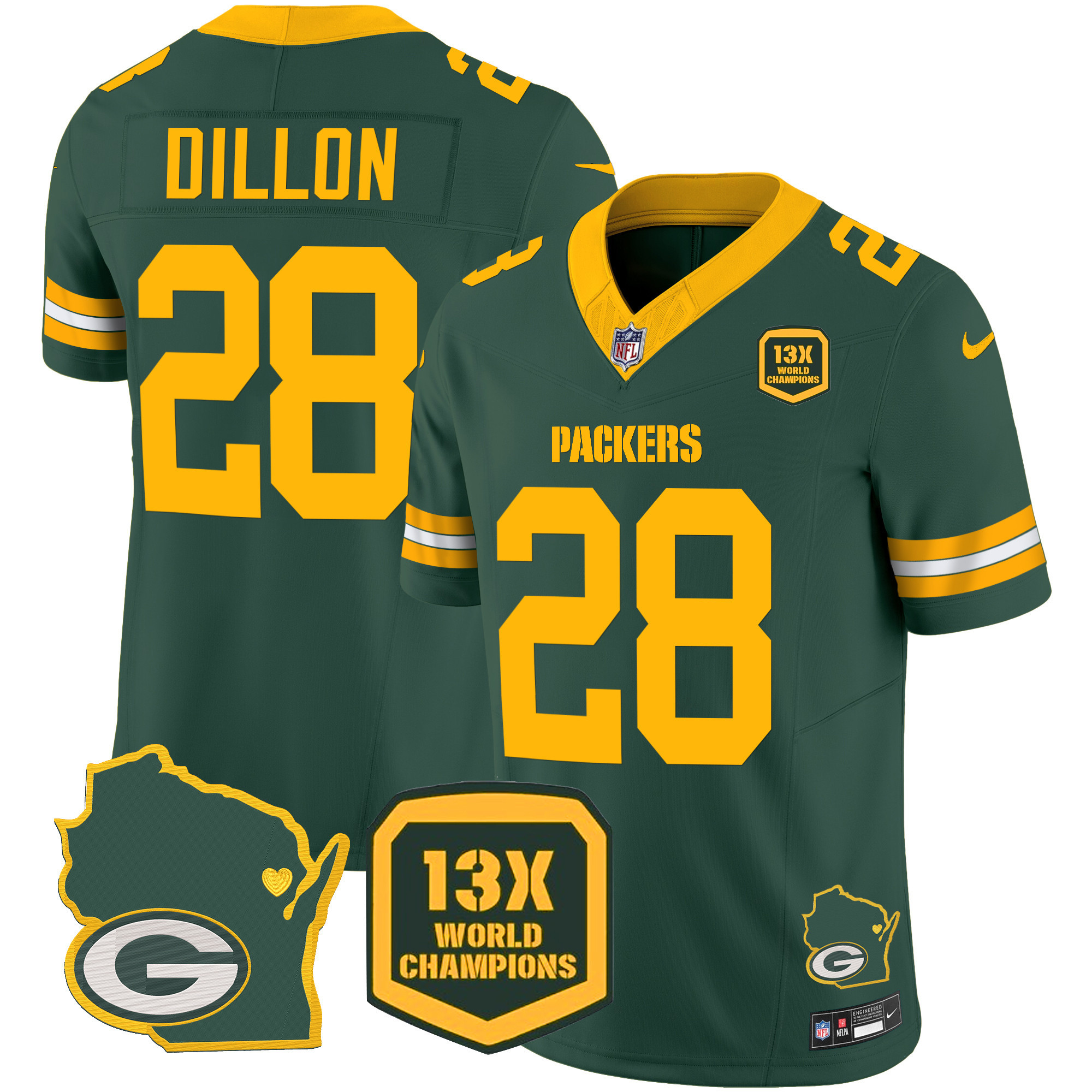 AJ Dillon Men's Green Bay Packers 13 Time World Champions & Home Patch Vapor Green Jersey - All Stitched 