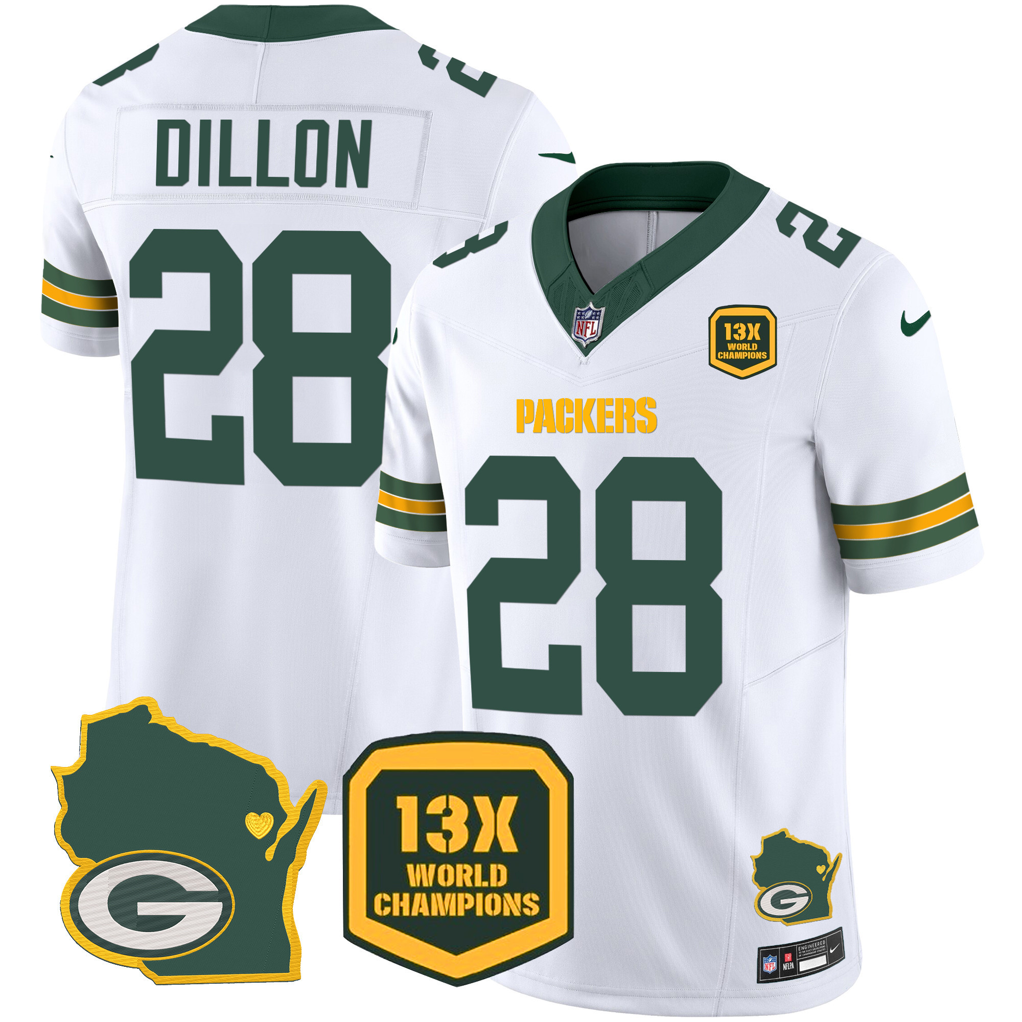 AJ Dillon Men's Green Bay Packers 13 Time World Champions & Home Patch Vapor White Jersey - All Stitched 