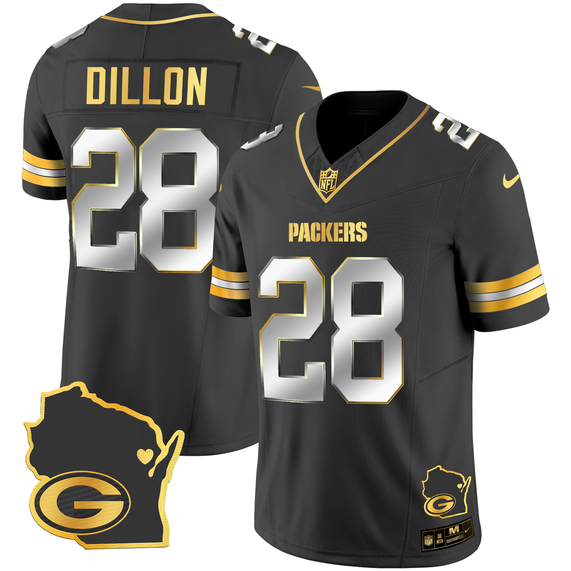 AJ Dillon Men's Green Bay Packers Home Patch Gold Vapor Black Limited Jersey - All Stitched 