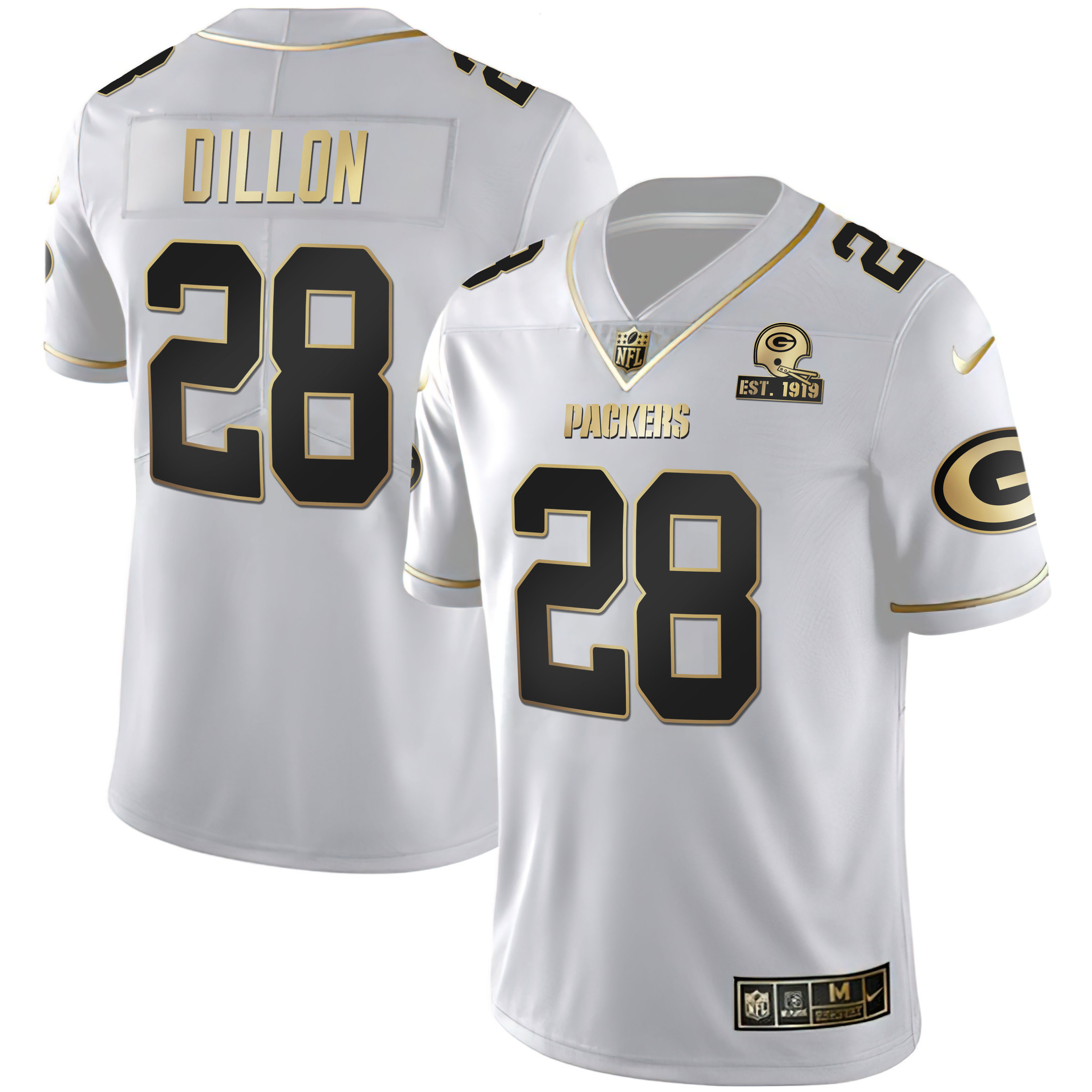 AJ Dillon Men's Green Bay Packers White Gold & Black Gold Est 1919 Patch White Gold Jersey - All Stitched 