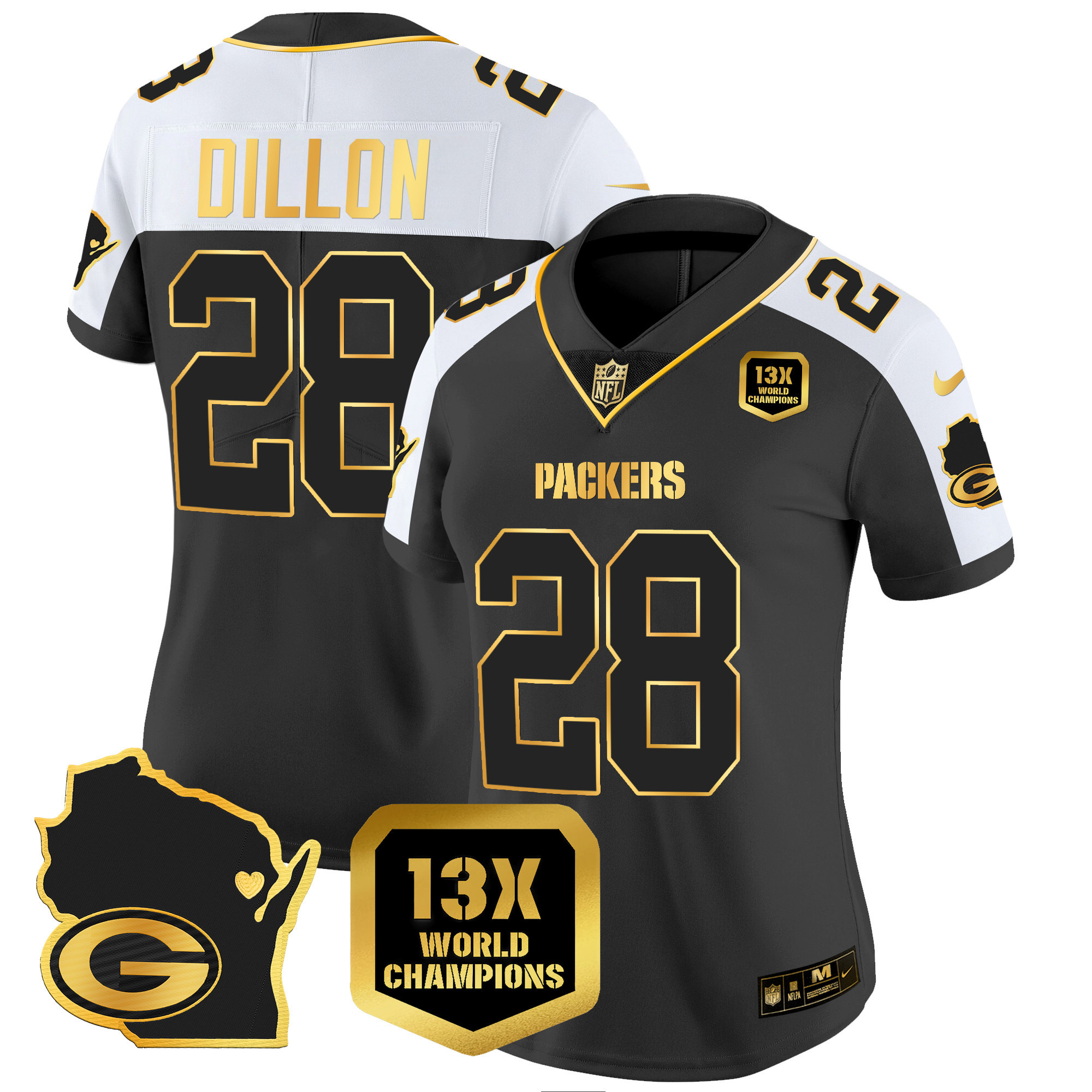 AJ Dillon Women's Green Bay Packers 13 Time World Champions & Home Patch Gold Vapor Alternate Jersey - All Stitched 