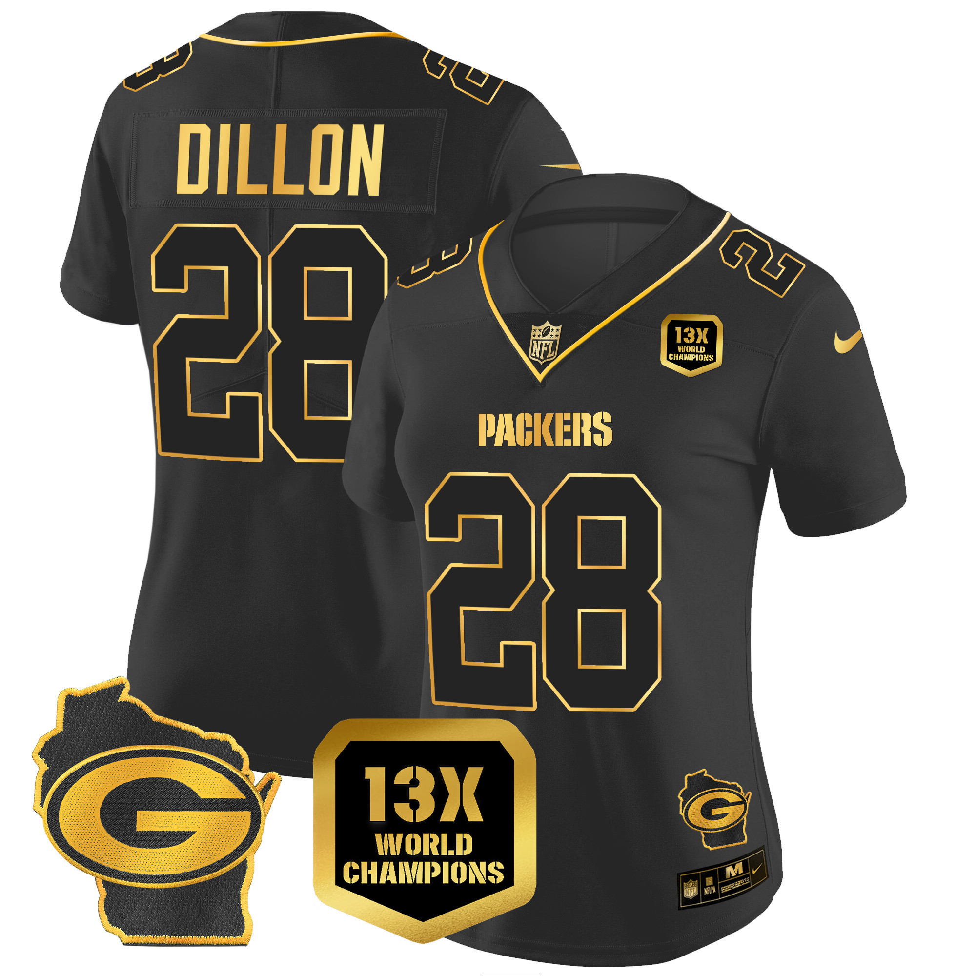 AJ Dillon Women's Green Bay Packers 13 Time World Champions & Home Patch Gold Vapor Black Gold Jersey - All Stitched 