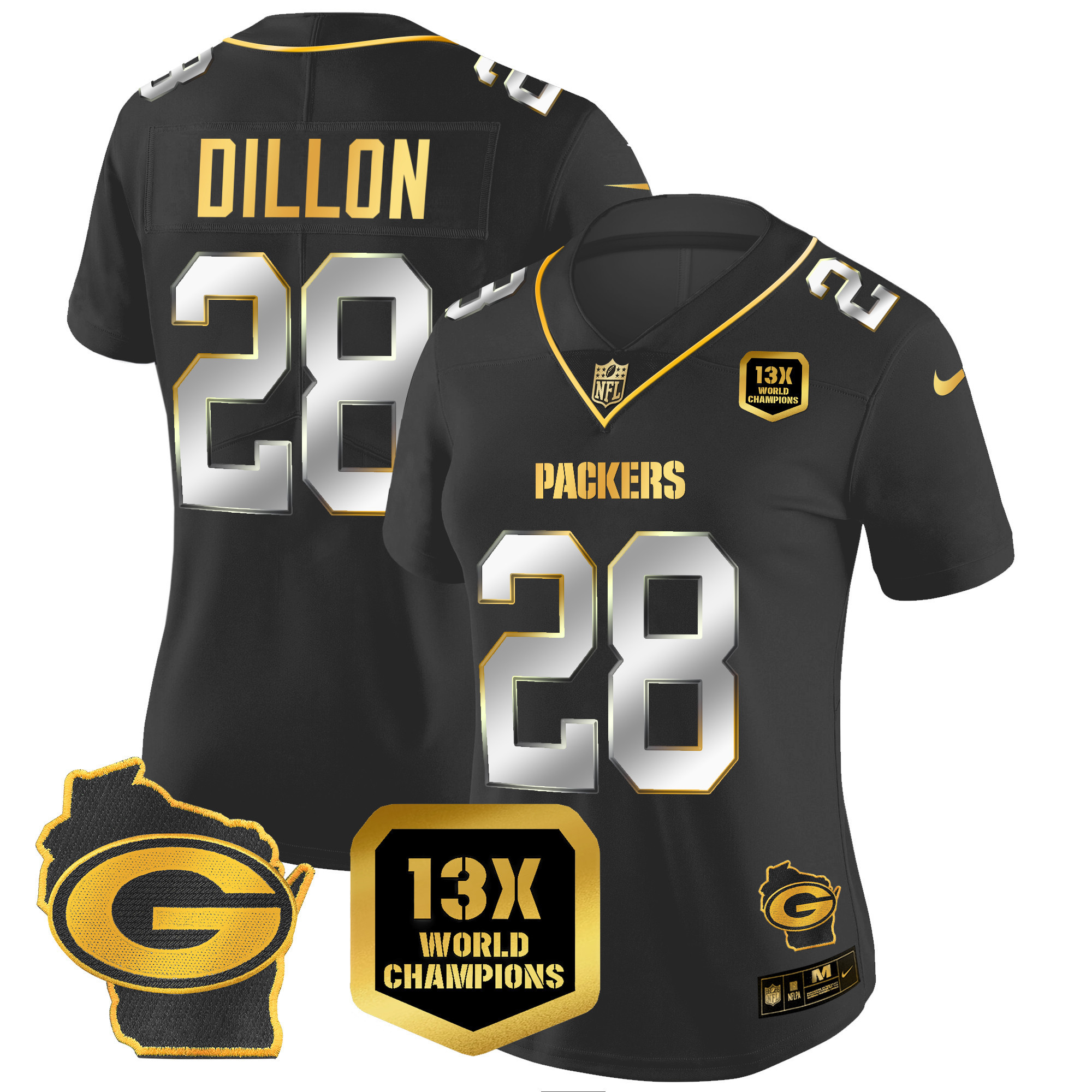 AJ Dillon Women's Green Bay Packers 13 Time World Champions & Home Patch Gold Vapor Black Limited Jersey - All Stitched 