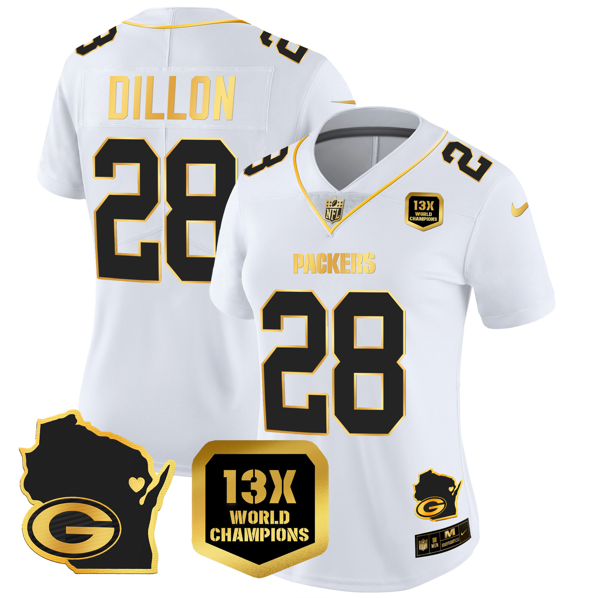 AJ Dillon Women's Green Bay Packers 13 Time World Champions & Home Patch Gold Vapor White Gold Jersey - All Stitched 