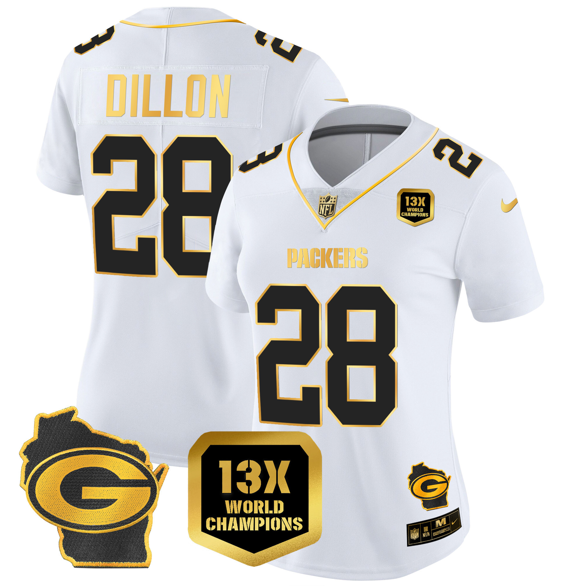 AJ Dillon Women's Green Bay Packers 13 Time World Champions & Home Patch Gold Vapor White Gold Jersey - All Stitched 