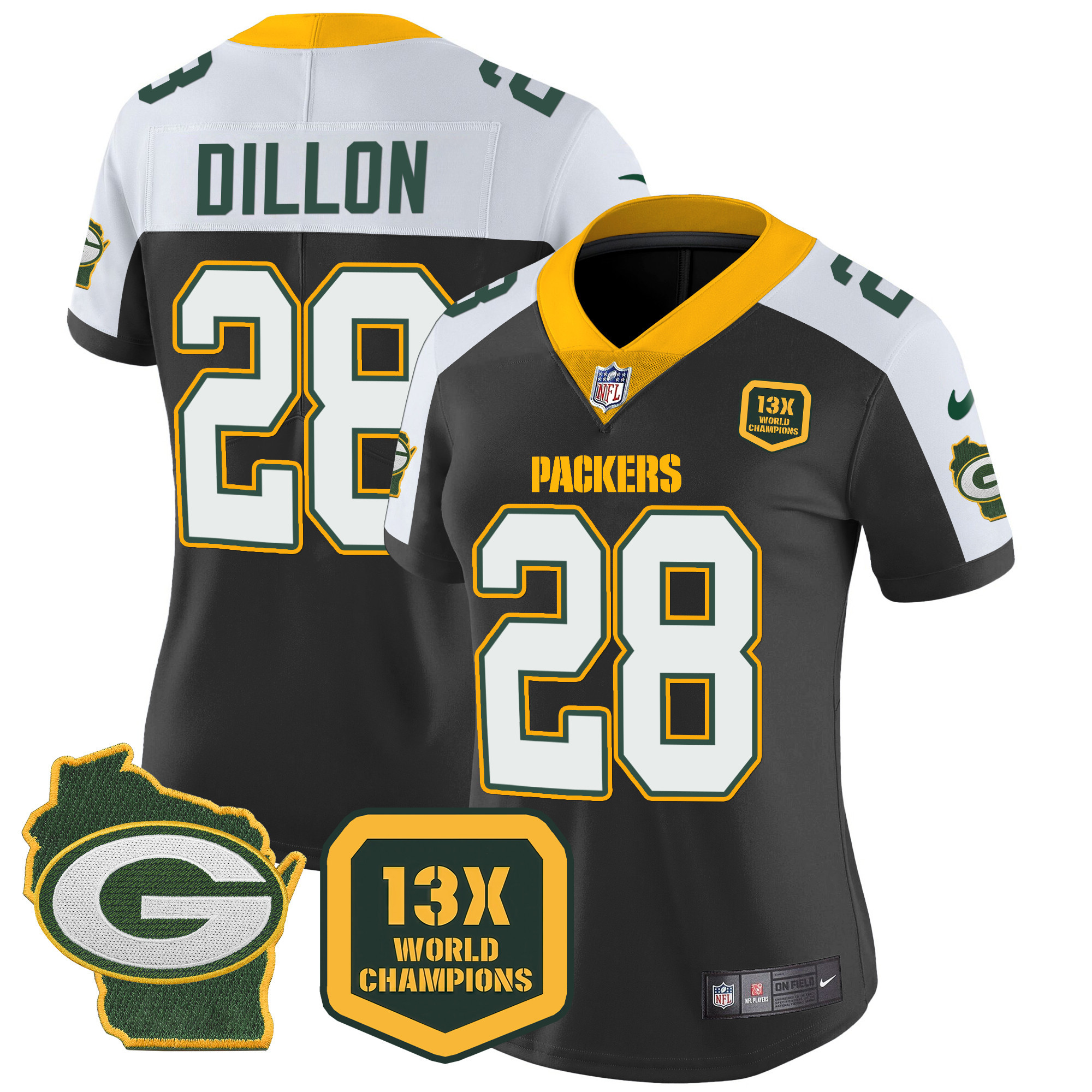 AJ Dillon Women's Green Bay Packers 13 Time World Champions & Home Patch Vapor Black Alternate Jersey - All Stitched 