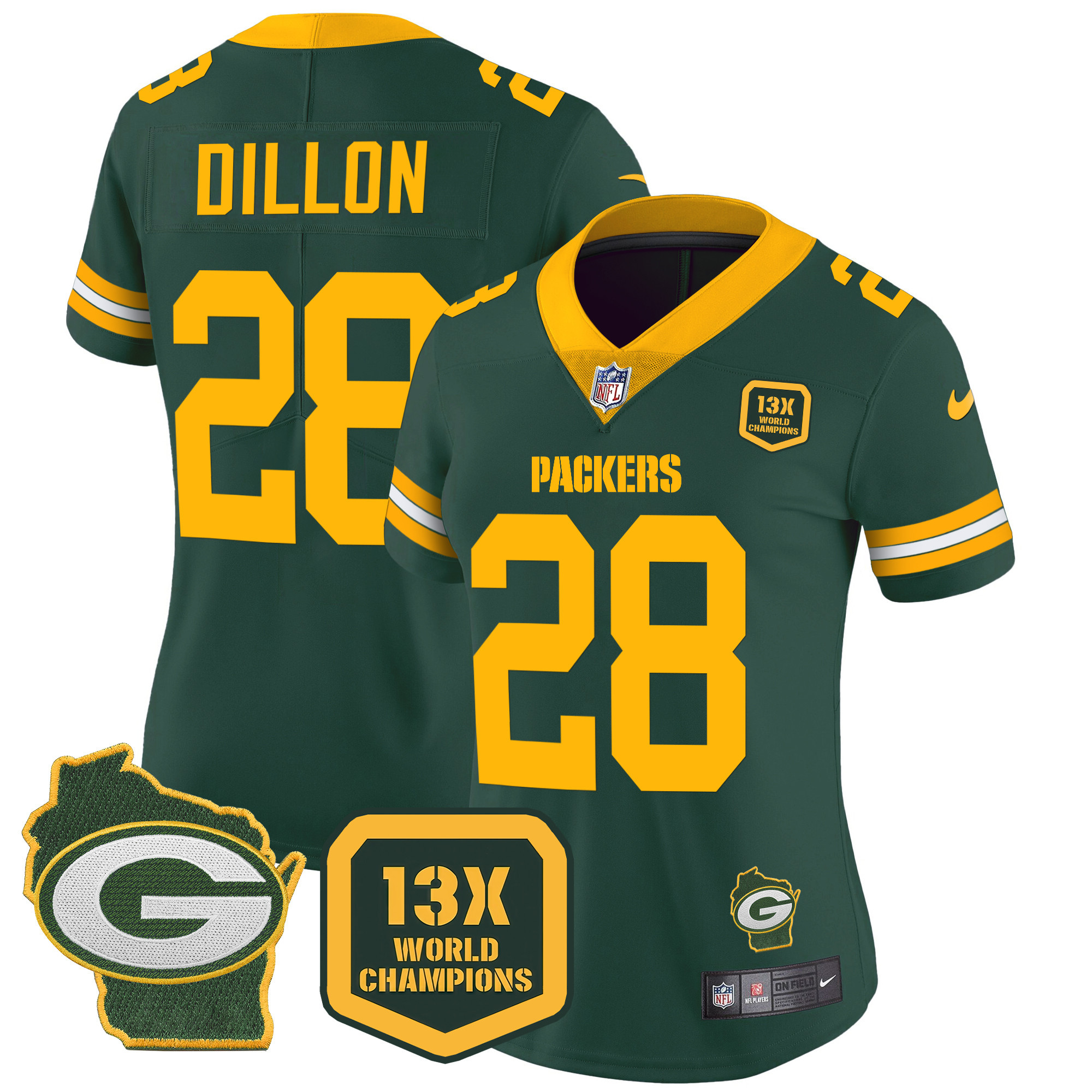 AJ Dillon Women's Green Bay Packers 13 Time World Champions & Home Patch Vapor Green Jersey - All Stitched 