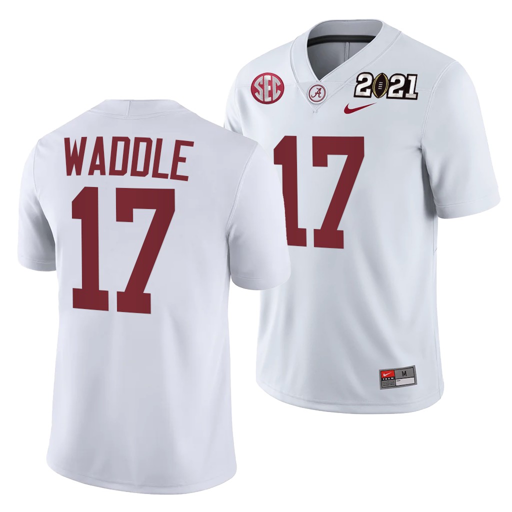 Alabama Crimson Tide Jaylen Waddle 2021 Rose Bowl Champions Jersey White College Playoff Away