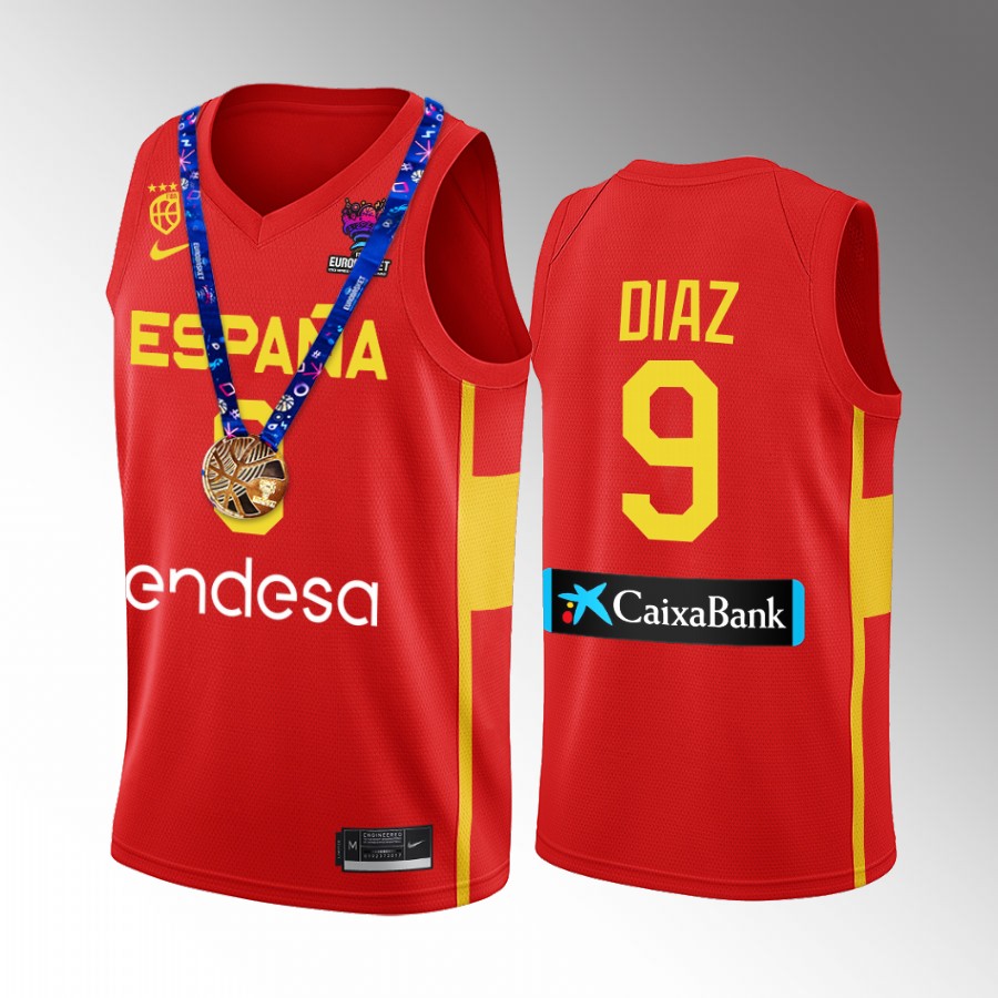 Alberto Diaz Spain Champs FIBA EuroBasket 2022 Red Jersey Gold Medal #9