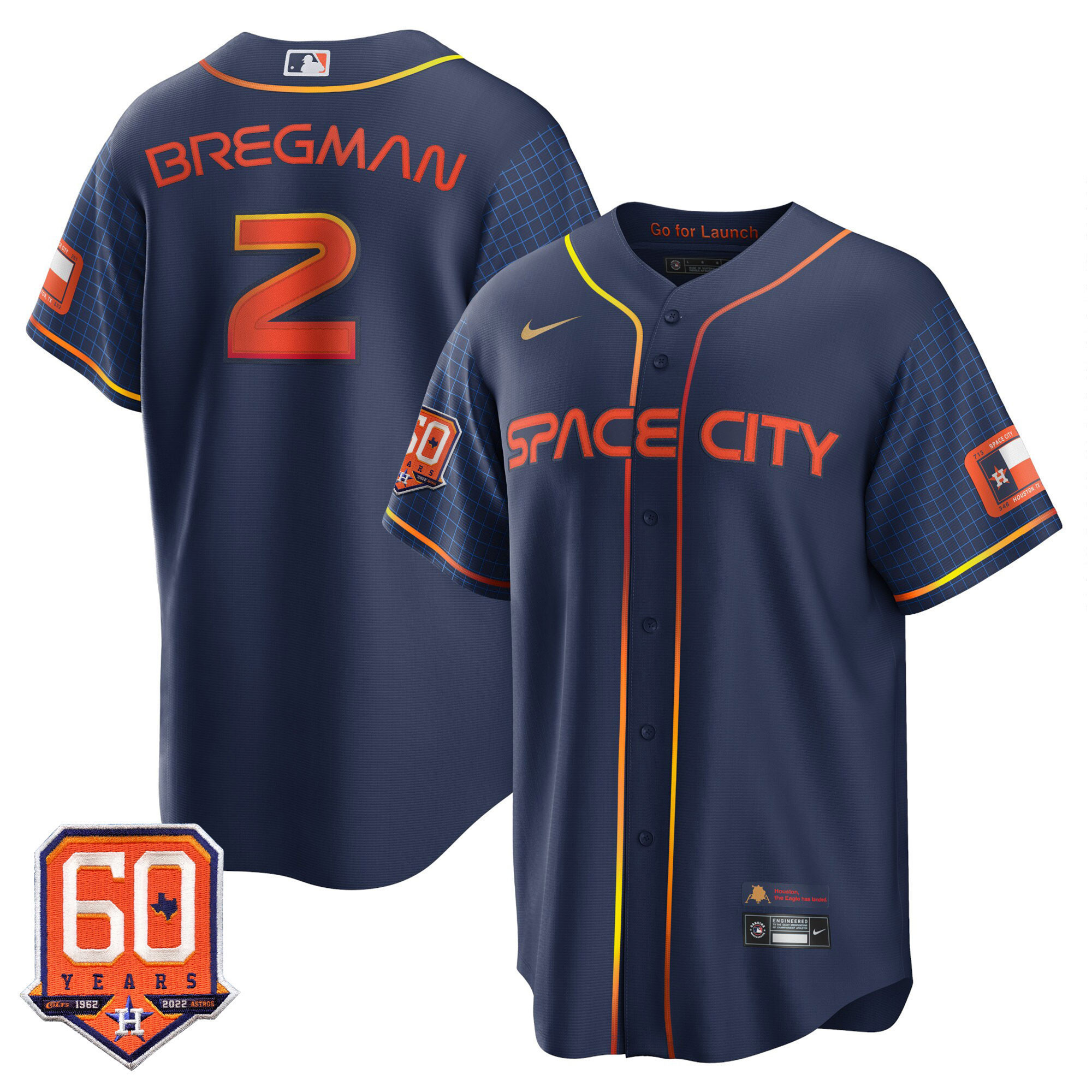 Alex Bregman Houston Astros Cool Base 60th Anniversary Patch Space City Jersey - All Stitched