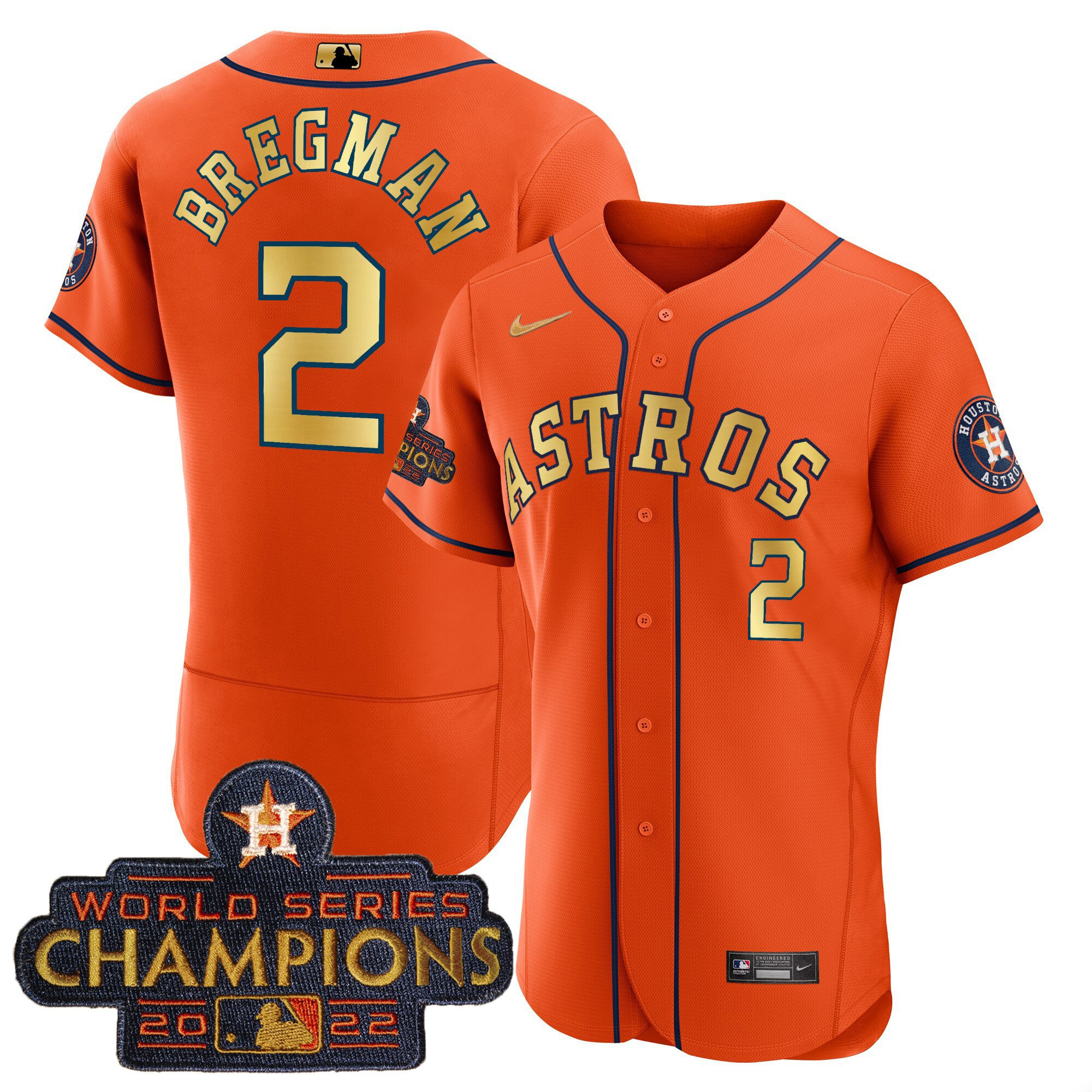Alex Bregman Men's Houston Astros 2023 Champions Orange Gold Flex Base Jersey - All Stitched