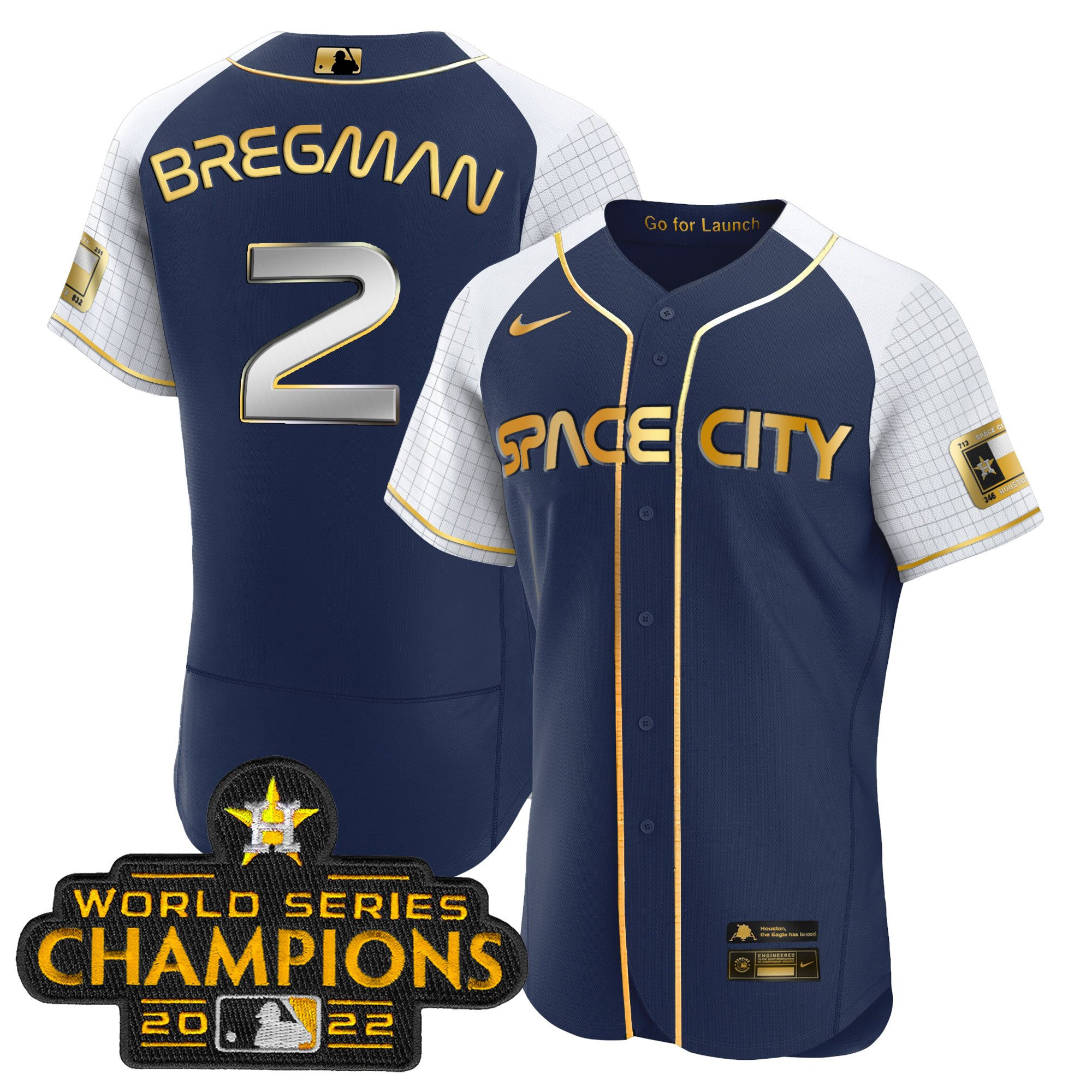 Alex Bregman Men's Houston Astros 2023 Space City Champions Alternate Navy Flex Navy Gold Jersey - All Stitched