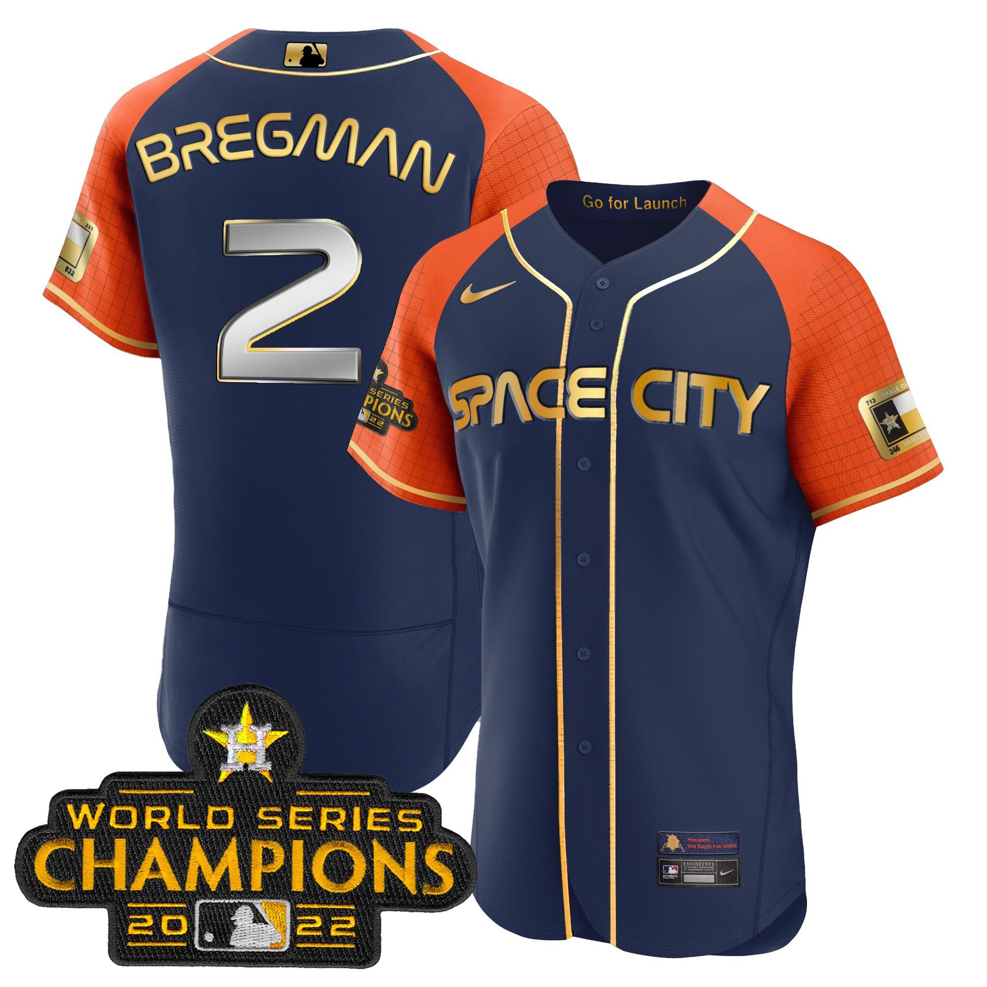 Alex Bregman Men's Houston Astros 2023 Space City Champions Alternate Navy Flex Navy Orange Jersey - All Stitched
