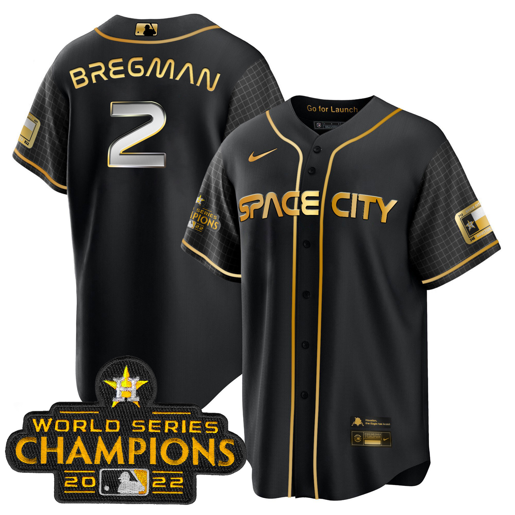 Alex Bregman Men's Houston Astros 2023 Space City Champions Cool Black Gold Jersey - All Stitched