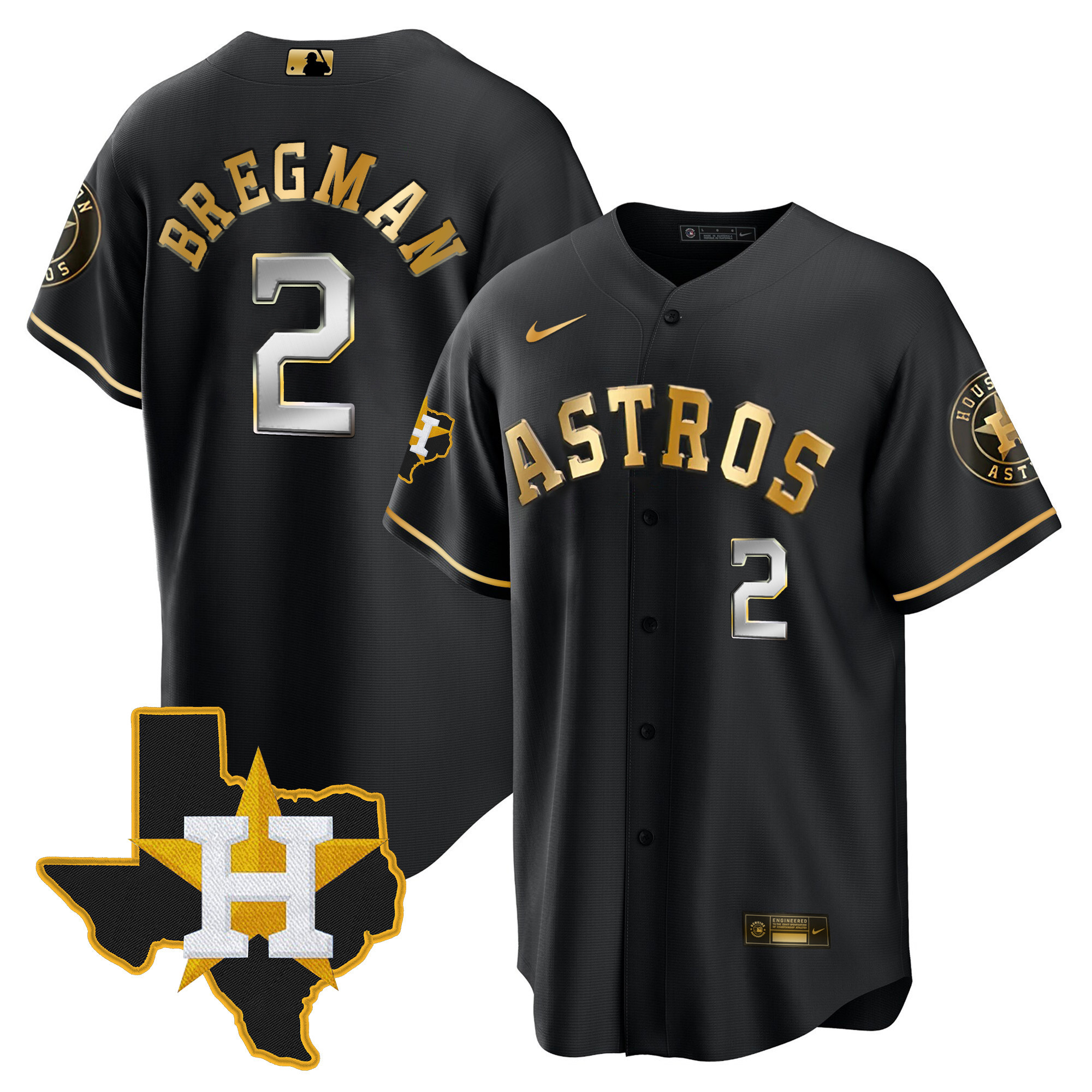 Alex Bregman Men's Houston Astros 2024 Gold - Texas Patch Cool Black Jersey - All Stitched