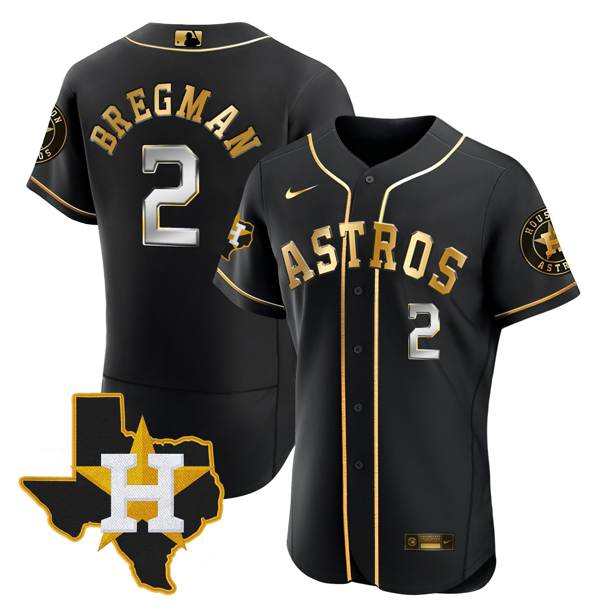 Alex Bregman Men's Houston Astros 2024 Gold - Texas Patch Flex Black Jersey - All Stitched