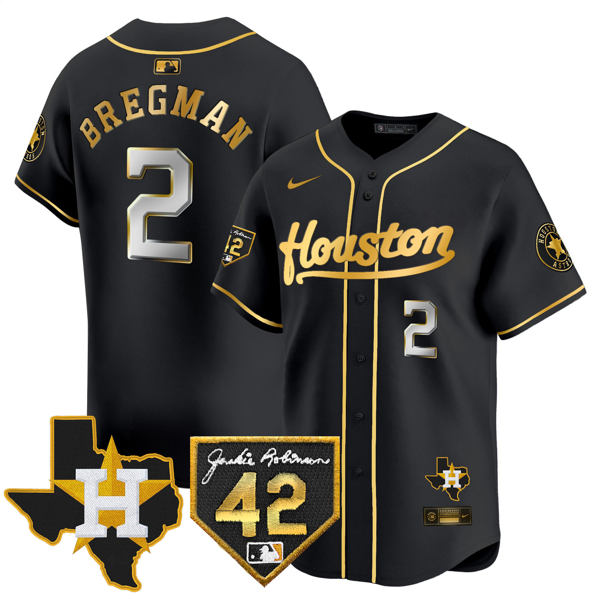 Alex Bregman Men's Houston Astros 2024 Jackie Robinson Patch Vapor Premier Limited Black Gold Jersey - All Stitched
