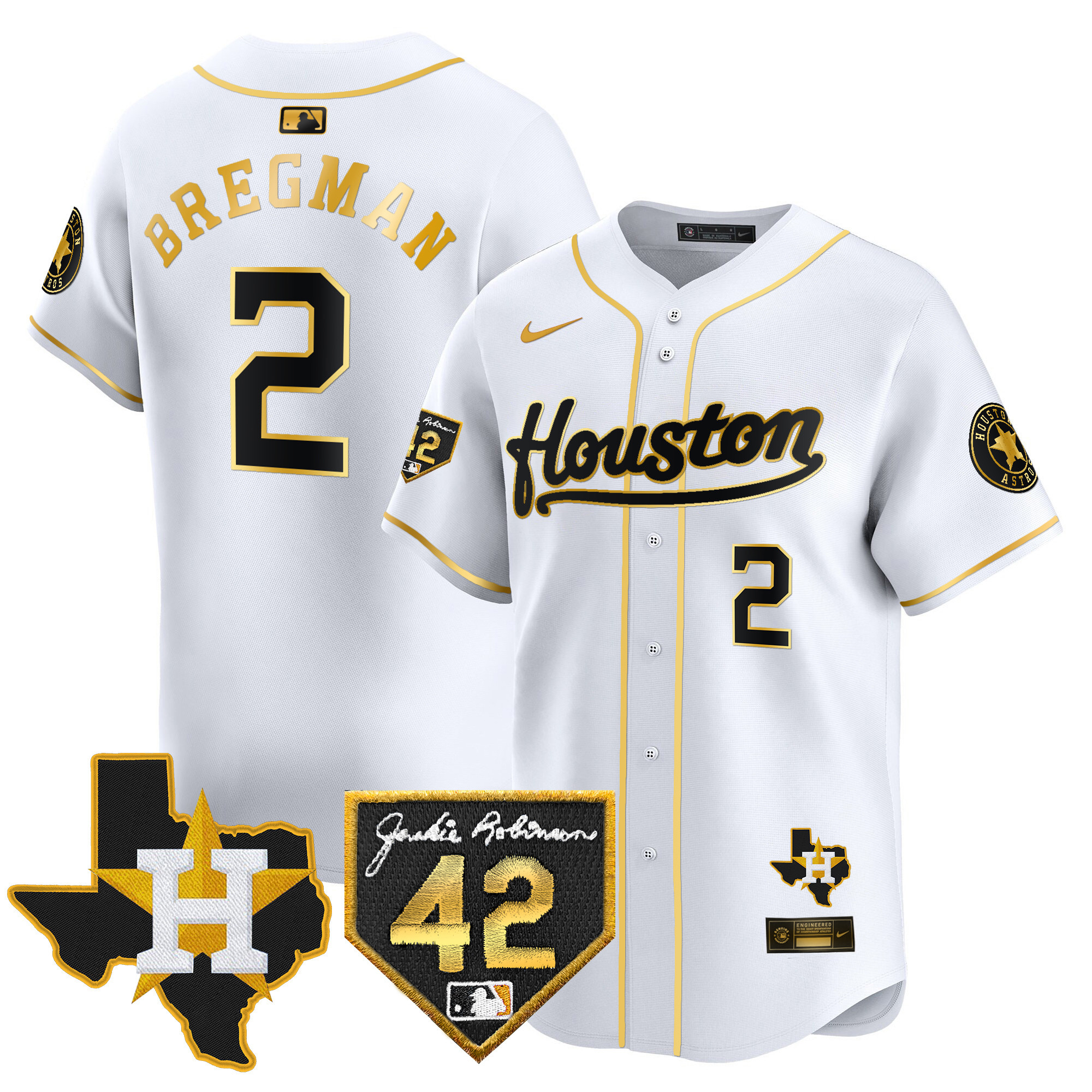 Alex Bregman Men's Houston Astros 2024 Jackie Robinson Patch Vapor Premier Limited White Gold Jersey - All Stitched