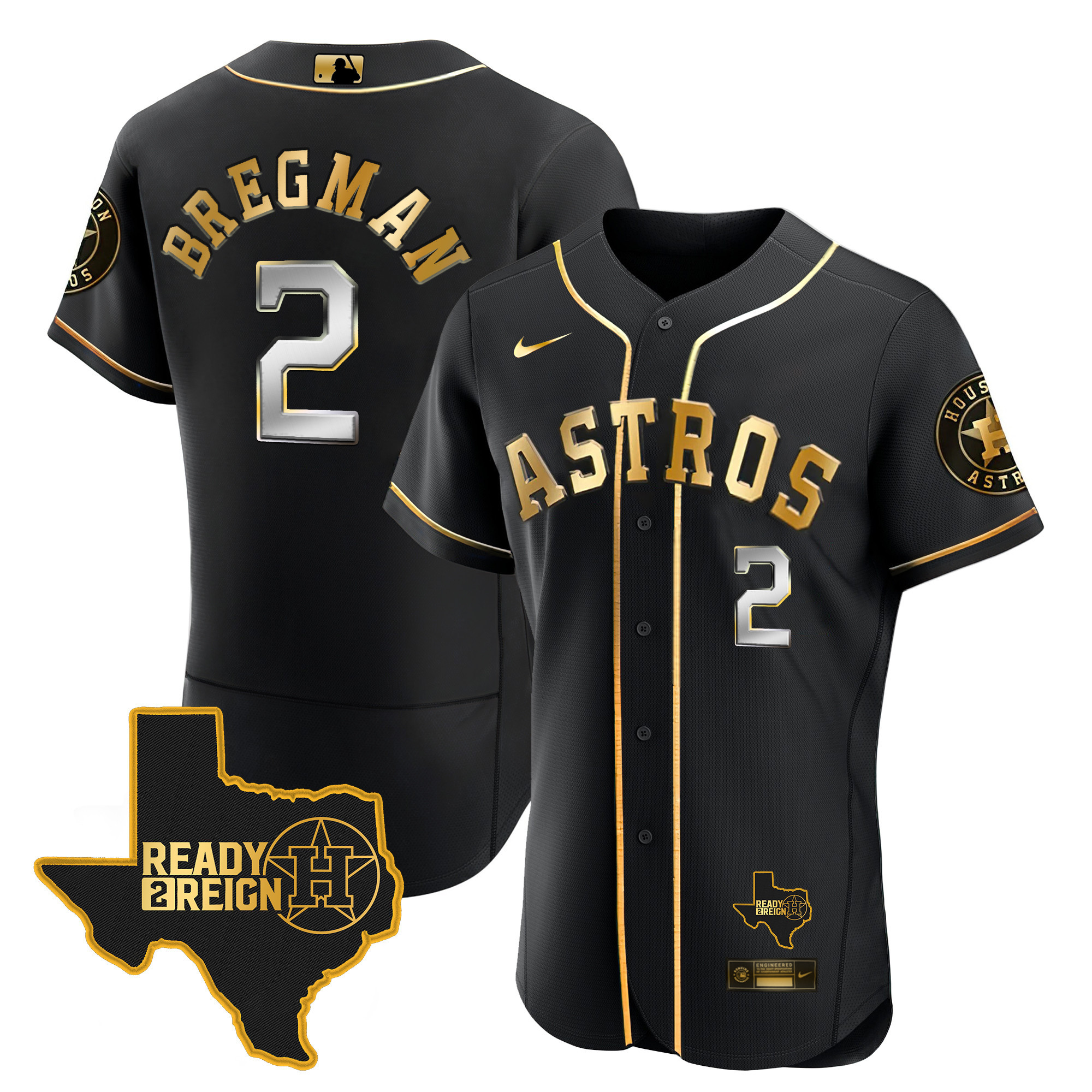 Alex Bregman Men's Houston Astros 2024 Ready 2 Reign Flex Base Black Gold Jersey - All Stitched